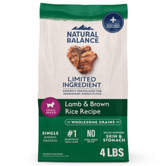 Natural Balance front packaging showing product benefits and 4 lb size
