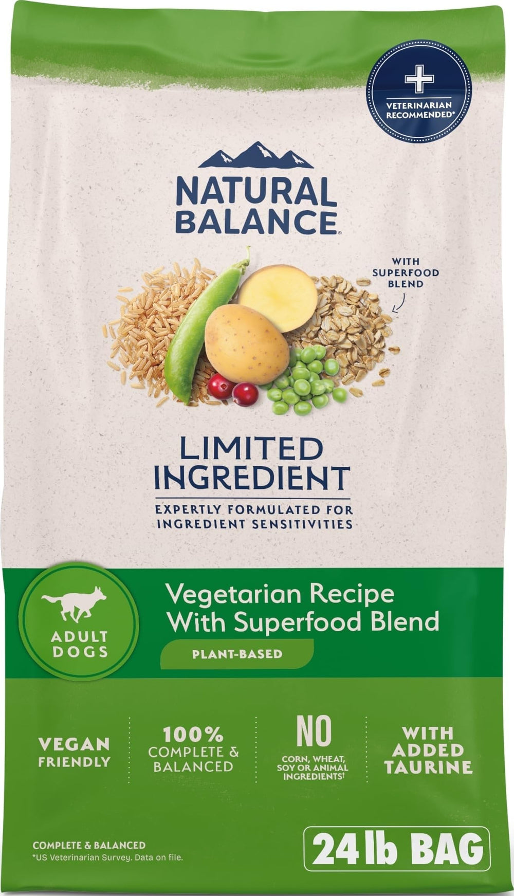 Natural Balance front packaging showing vegetarian 24 lb bag and clear benefit