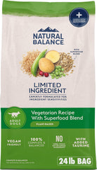 Natural Balance front packaging showing vegetarian 24 lb bag and clear benefit