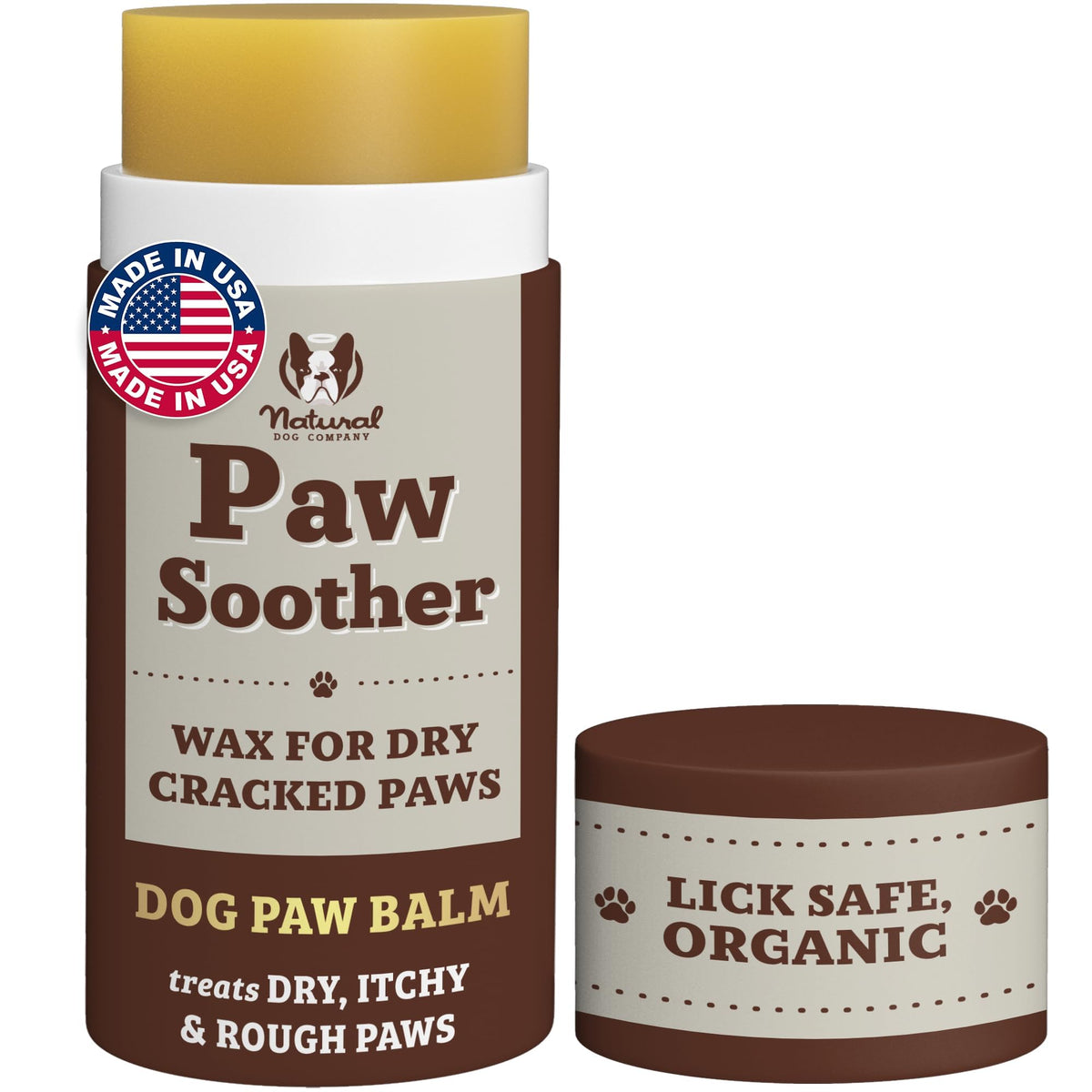 Natural Dog Company front view of 2 oz paw balm stick showing product branding and benefits
