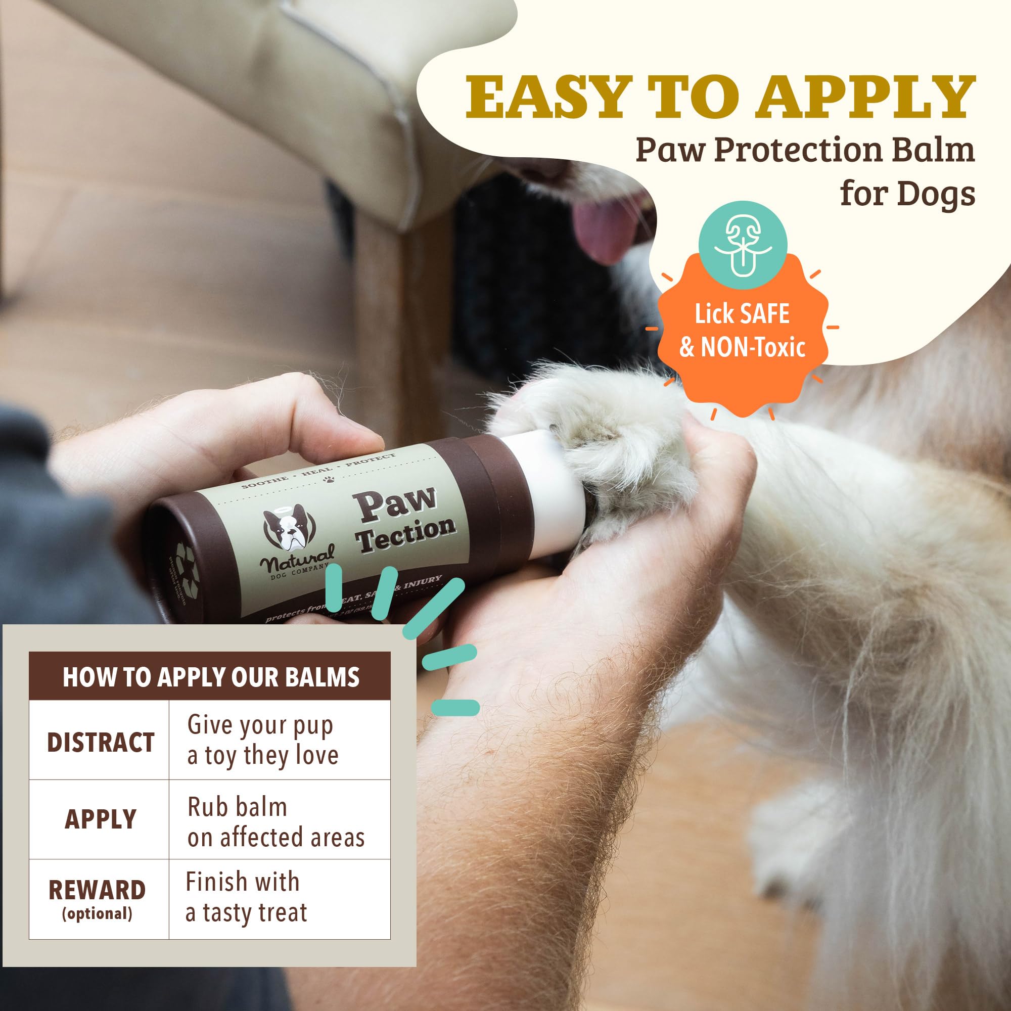 Natural Dog Company PawTection next to a paw for size comparison and easy portability benefit