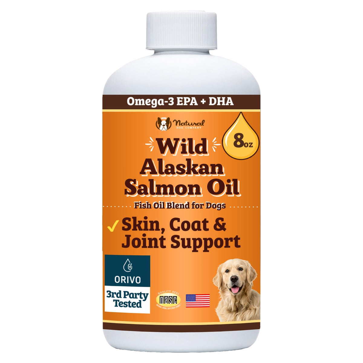 Natural Dog Company bottle front label showing benefits and size