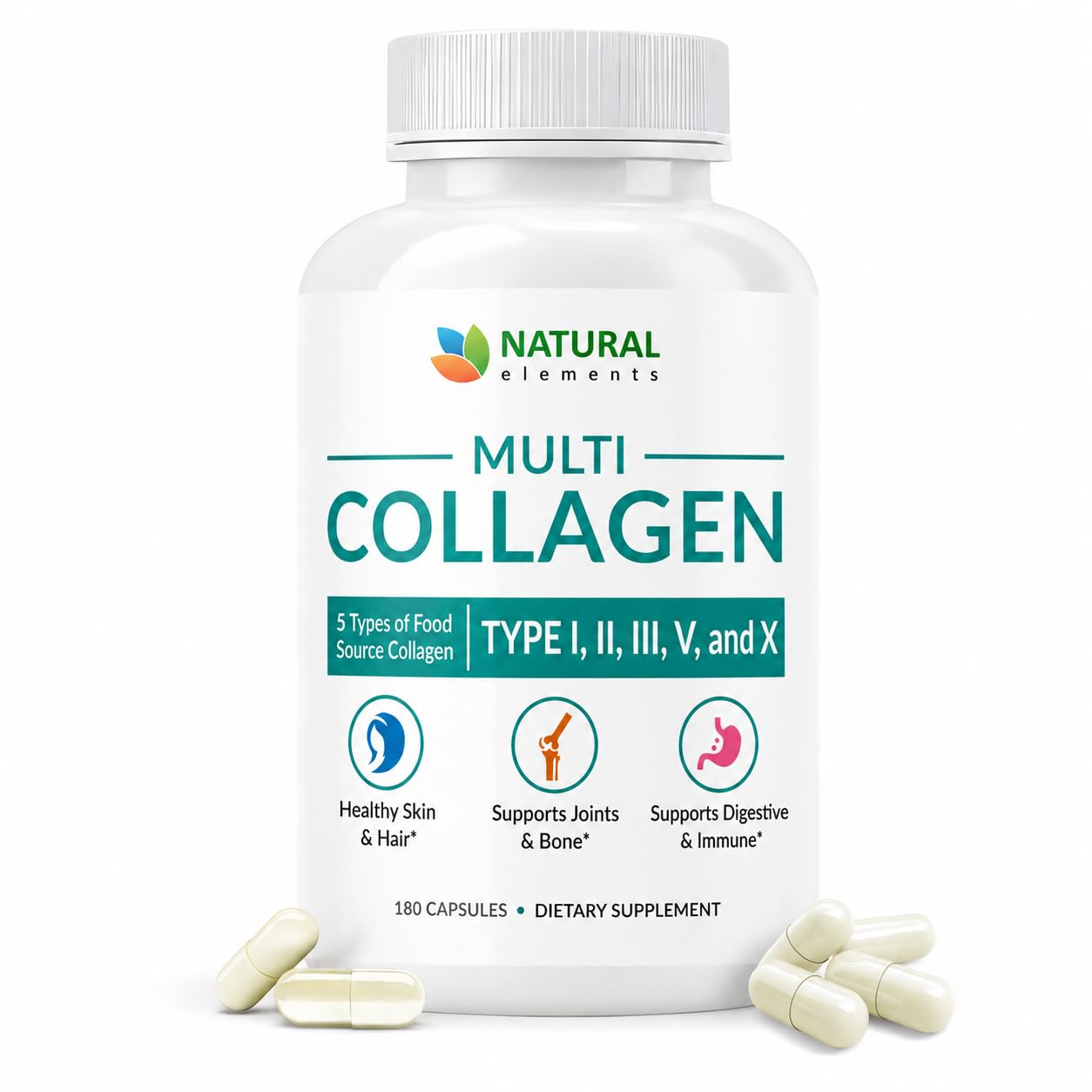 natural elements front bottle showing label and 180 capsules for easy dosing
