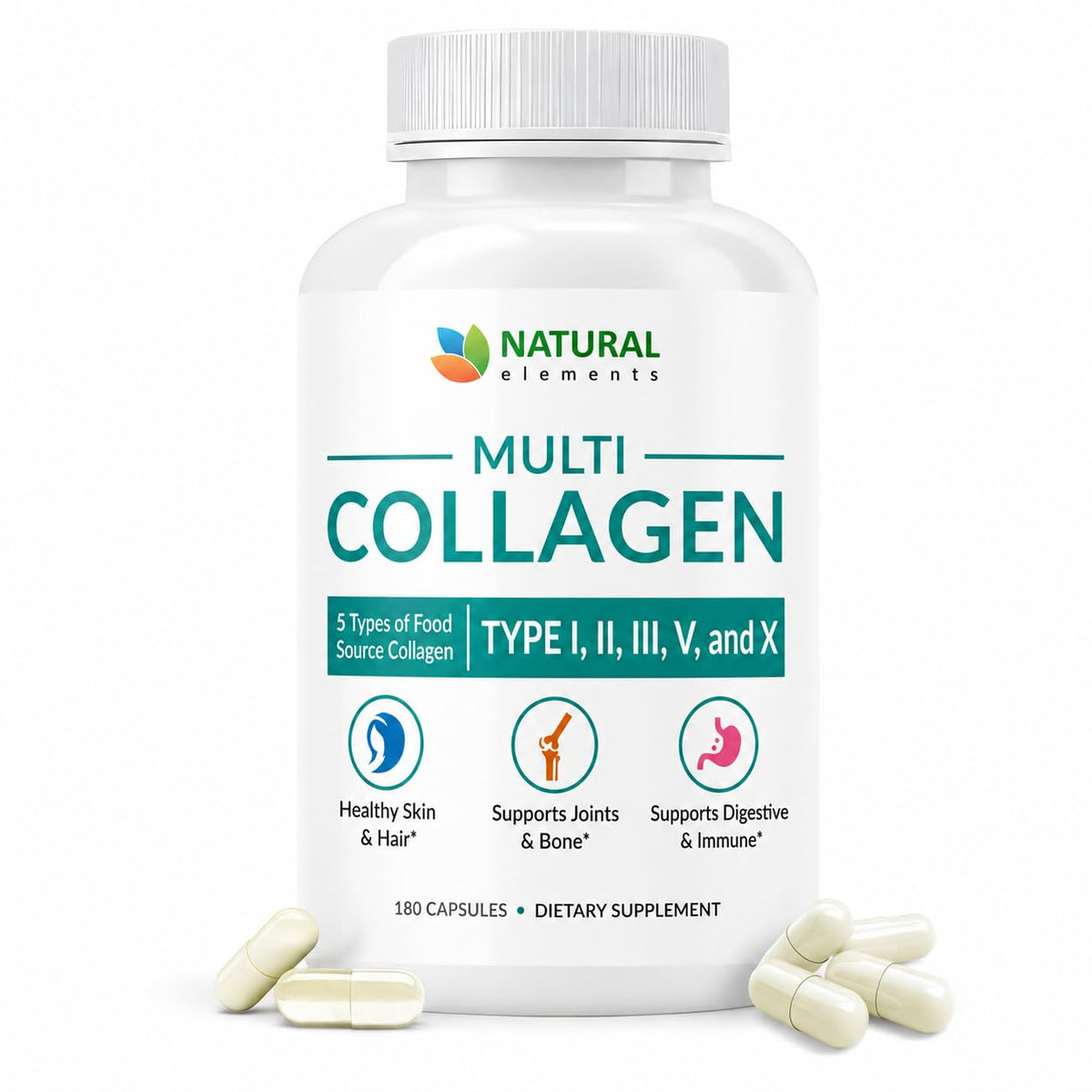 natural elements front bottle showing label and 180 capsules for easy dosing