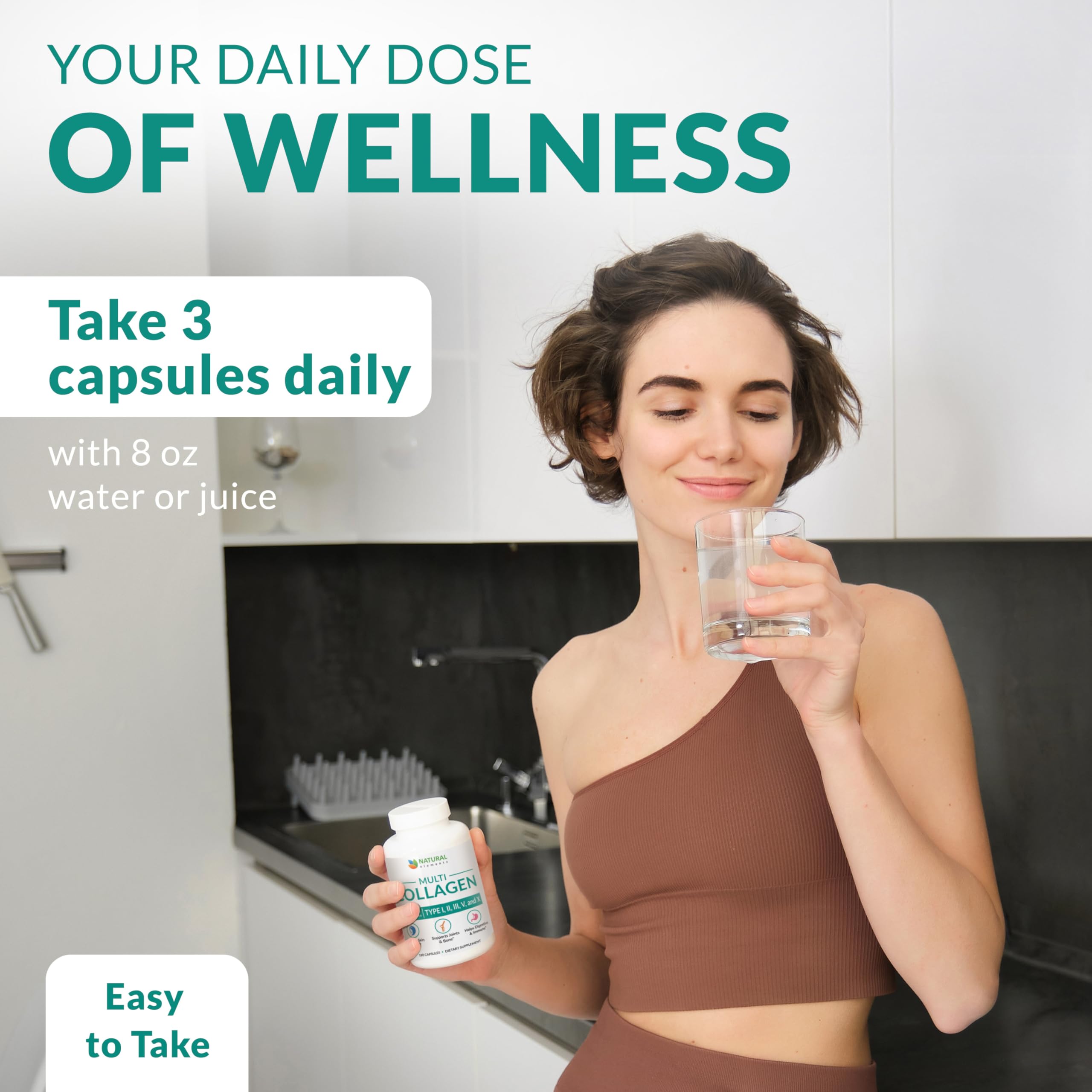 natural elements bottle on bathroom counter showing everyday supplement routine