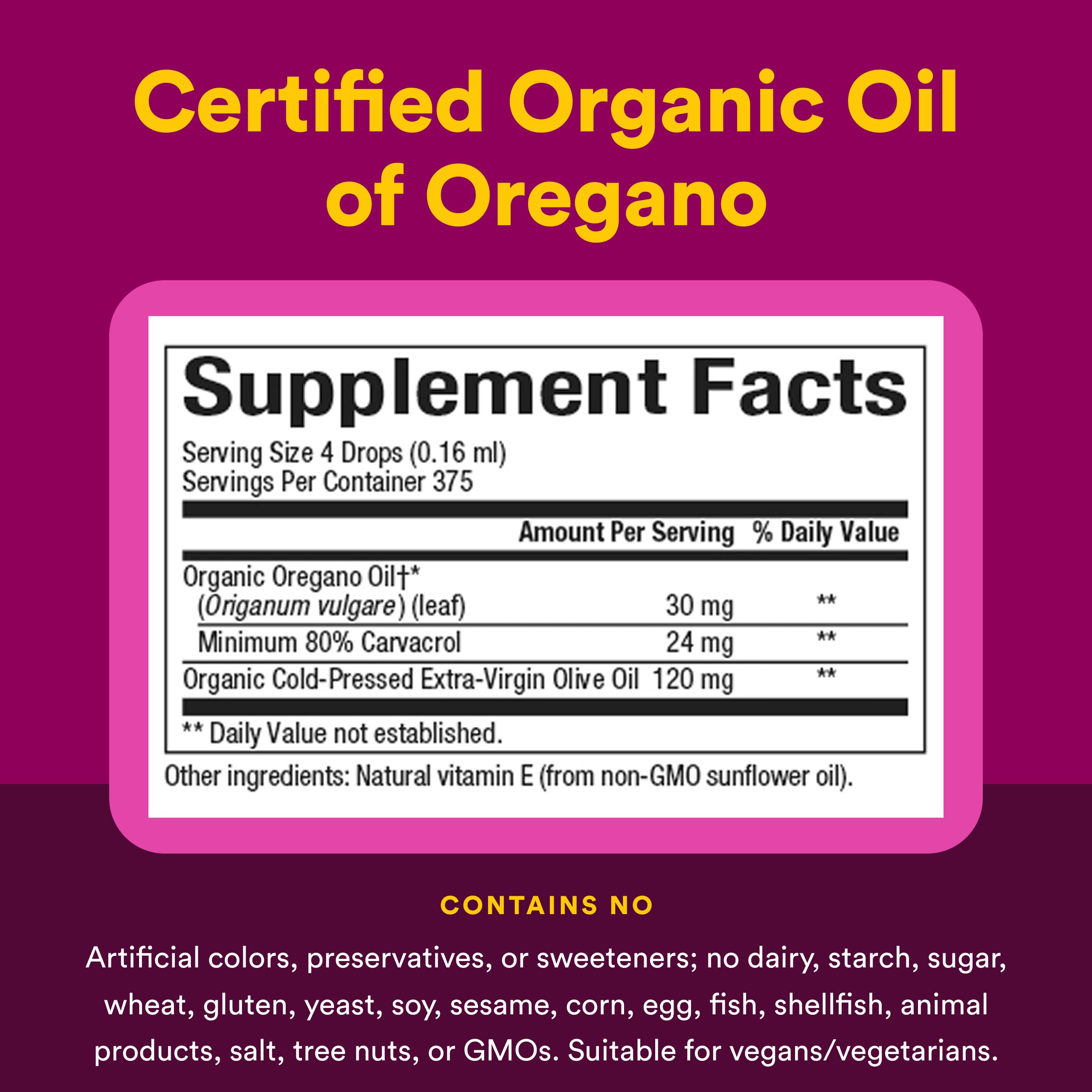 Natural Factors close up of label showing 80% carvacrol and organic claims