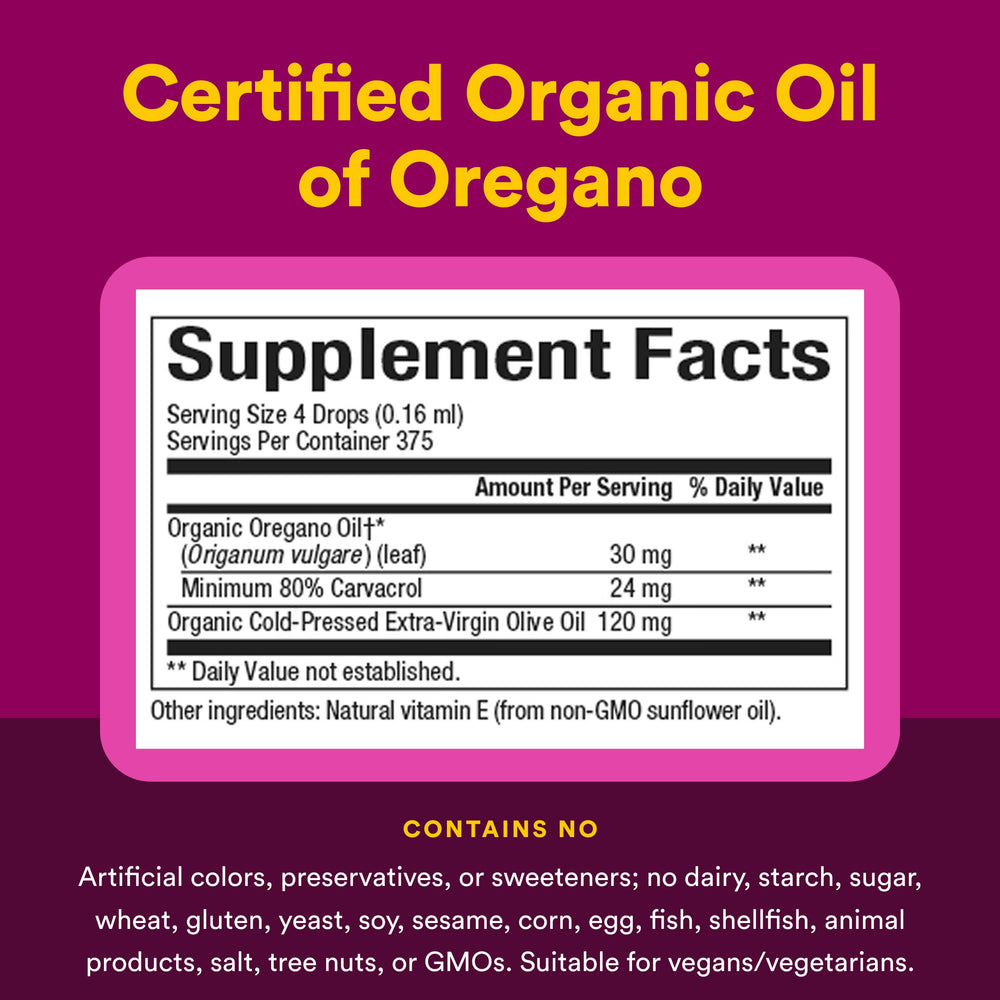 Natural Factors close up of label showing 80% carvacrol and organic claims