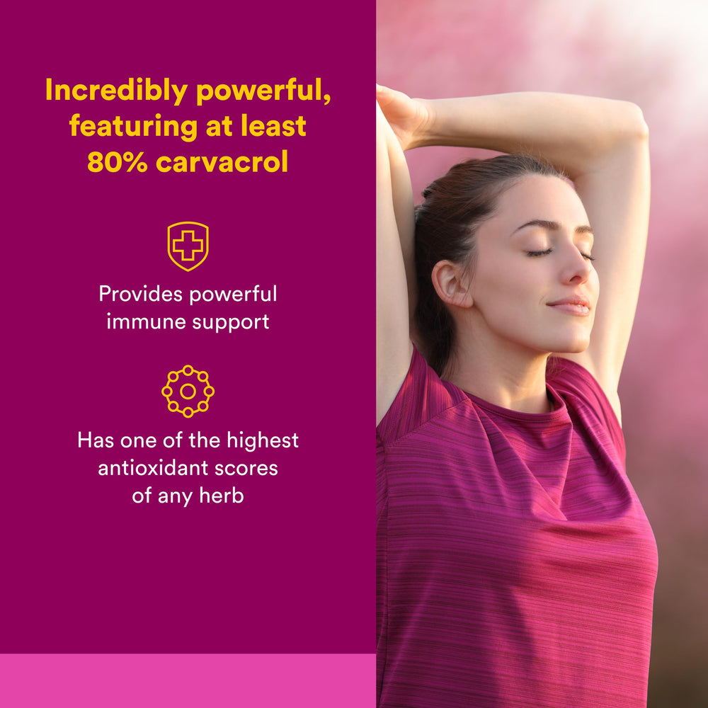 Natural Factors dropper releasing a controlled oregano oil drop for precise dosing