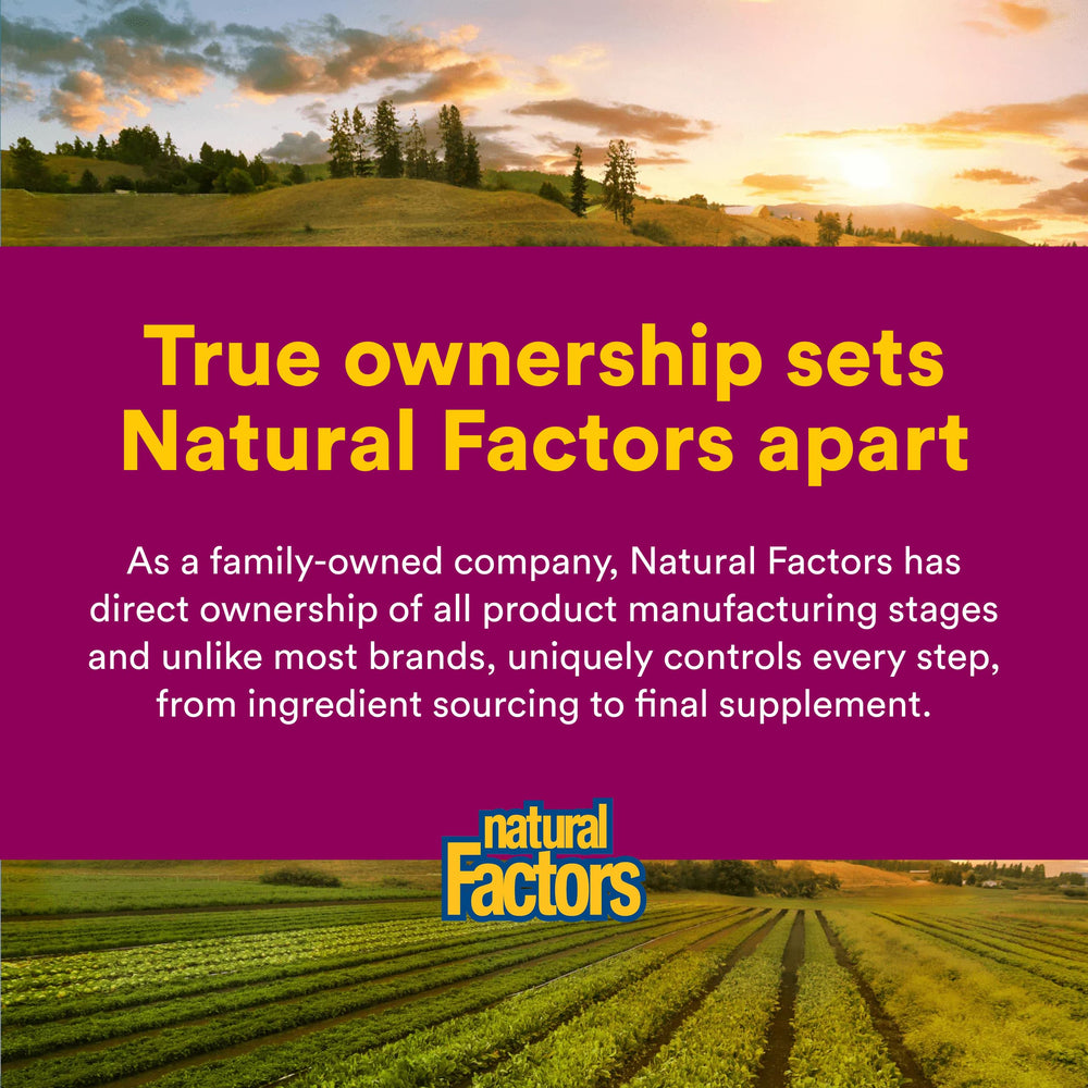Natural Factors bottle on kitchen counter suggesting sustainable family‑owned brand