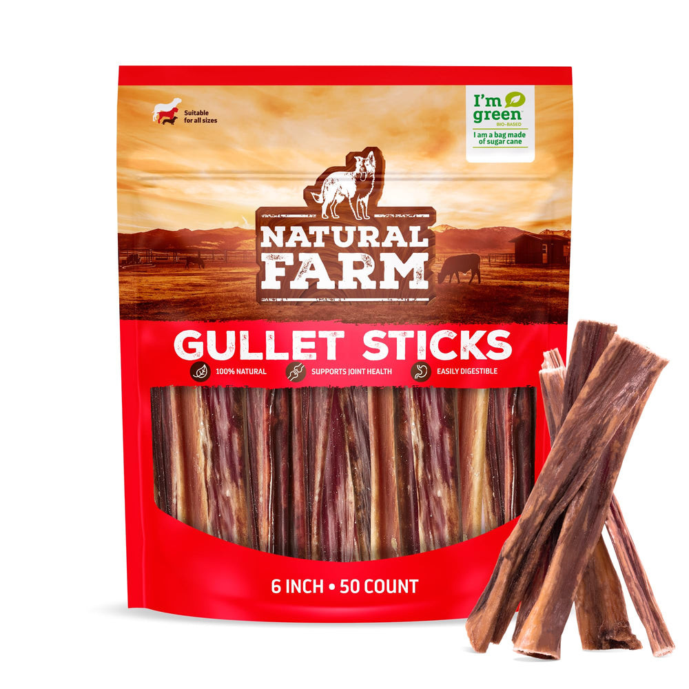 Natural Farm front packaging showing 50-count gullet sticks and product benefits
