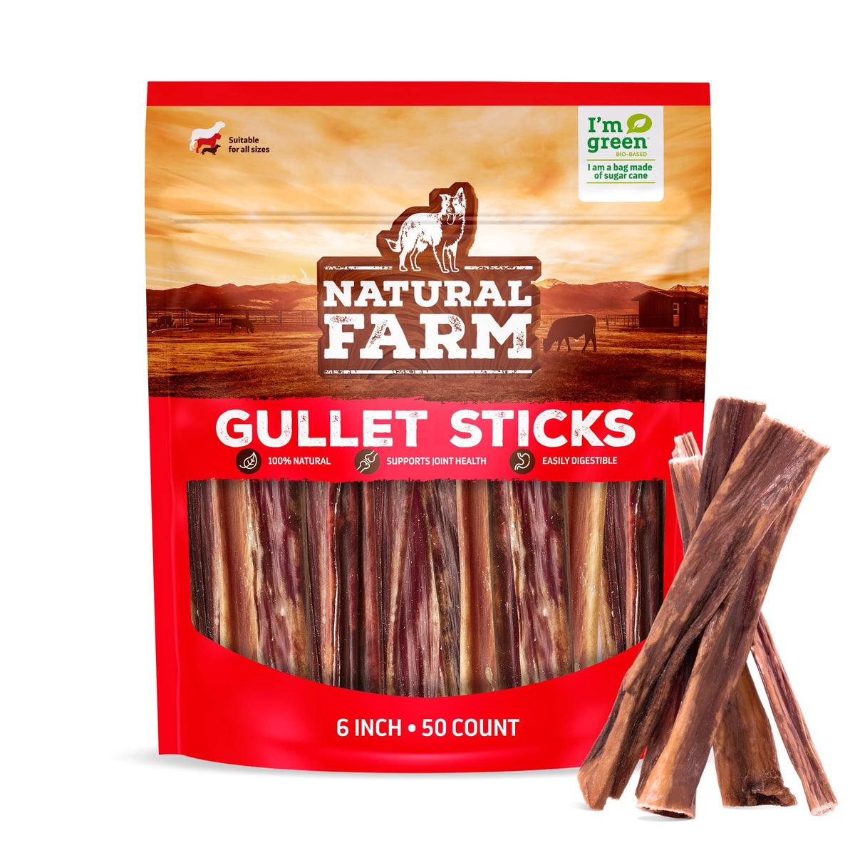 Natural Farm front packaging showing 50-count gullet sticks and product benefits
