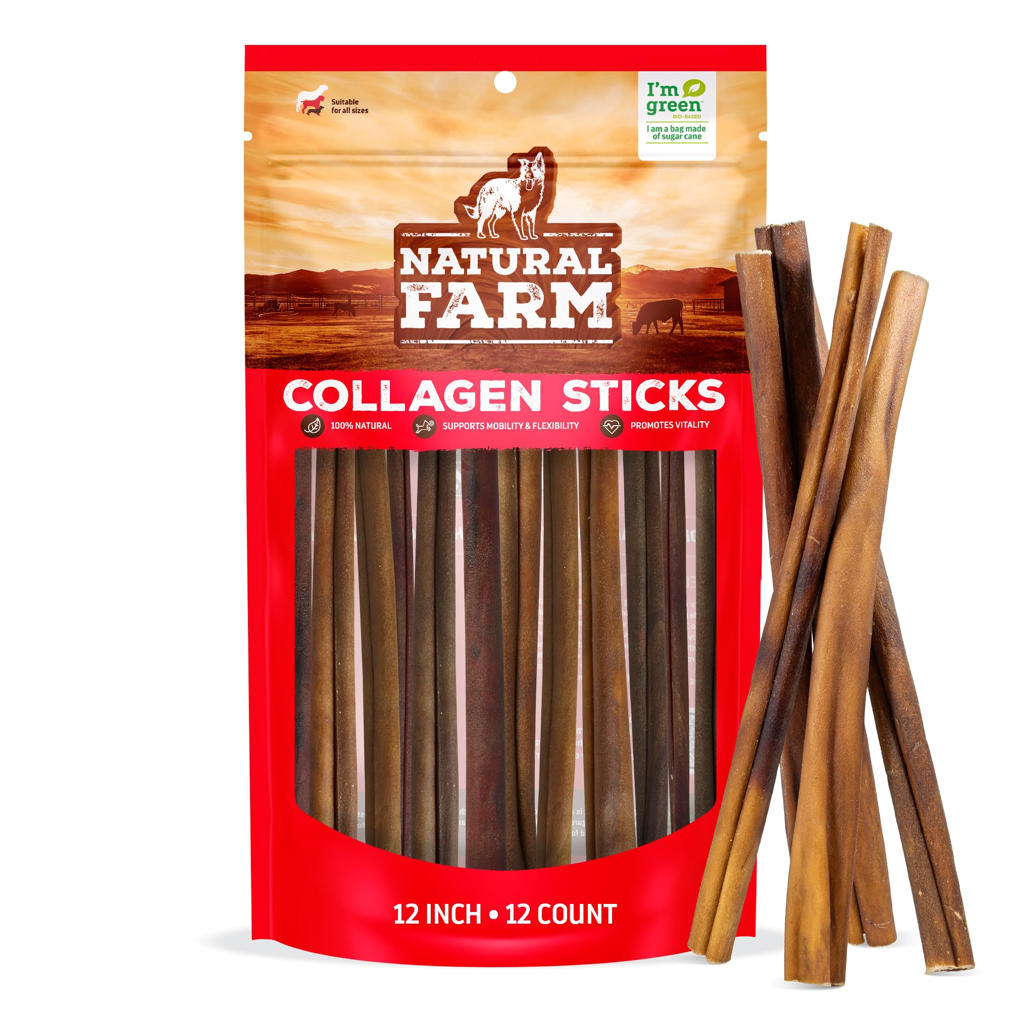Natural Farm front packaging showing 12-inch collagen chews and benefits