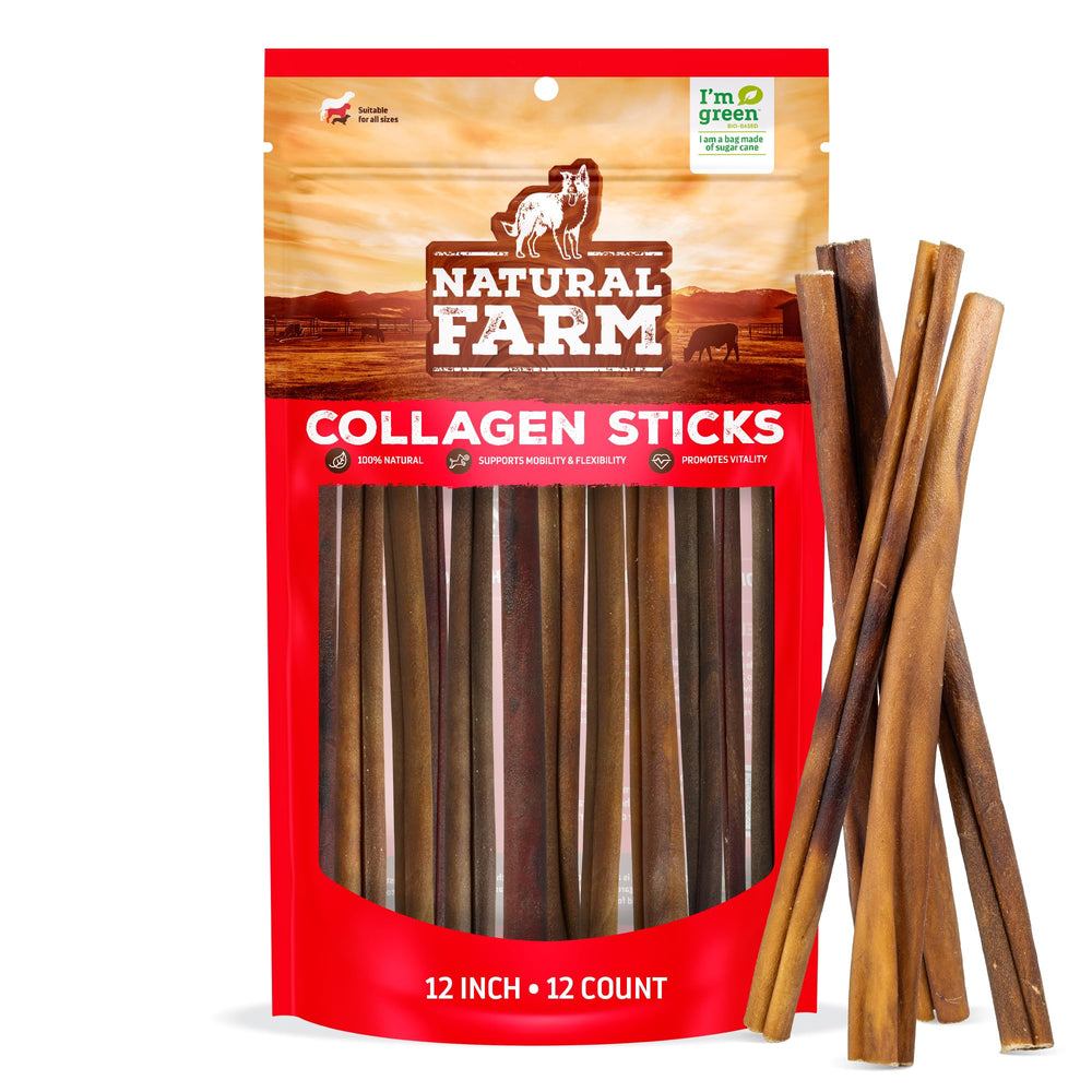 Natural Farm front packaging showing 12-inch collagen chews and benefits