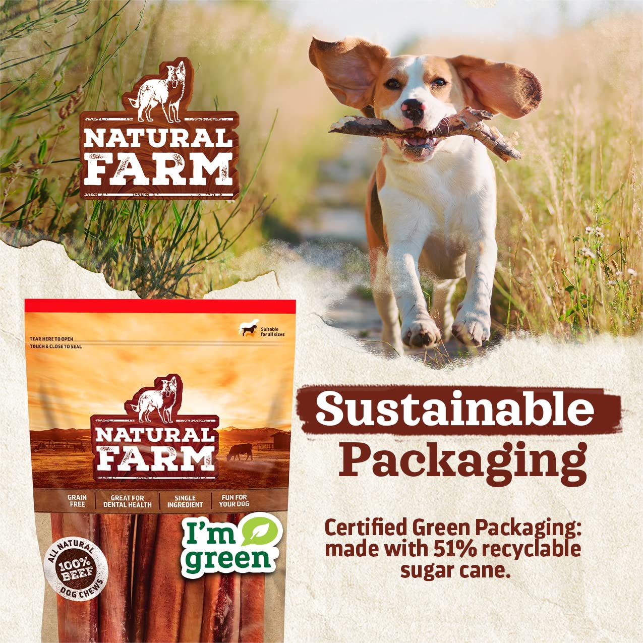 Natural Farm recyclable packaging with charity badge showing eco-friendly support