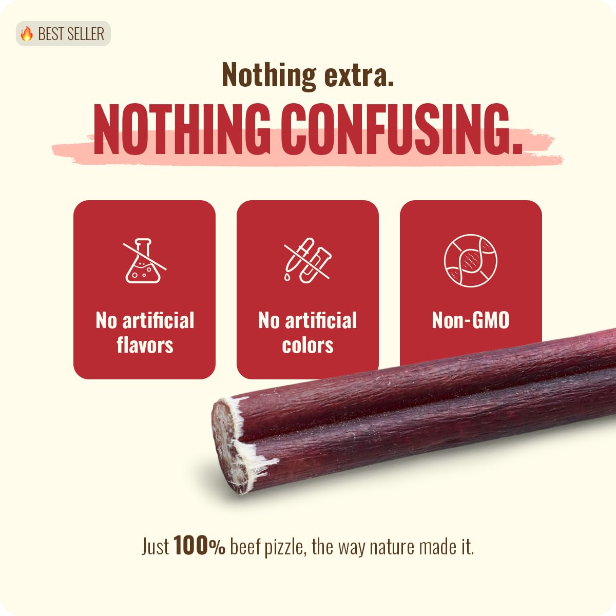 Natural Farm bully stick beside 12-inch ruler demonstrating full-length size benefit