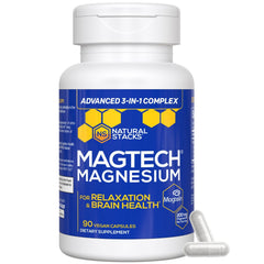 NATURAL STACKS front bottle view showing MagTech branding and benefits