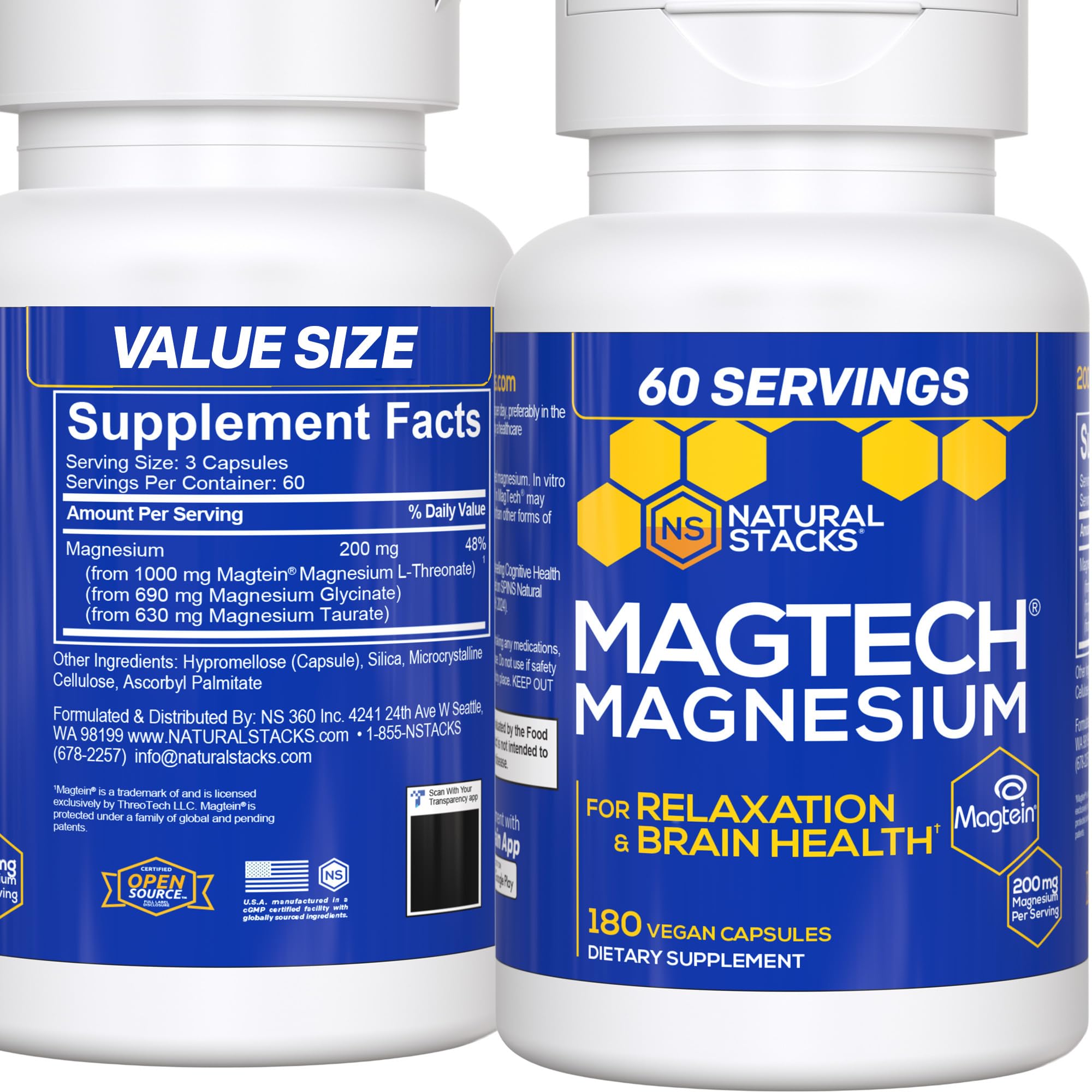 NATURAL STACKS front bottle view showing MagTech packaging and branding benefit clarity