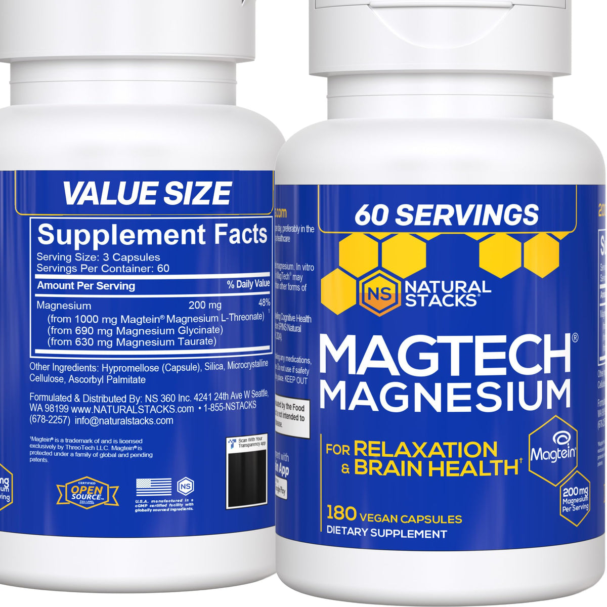 NATURAL STACKS front bottle view showing MagTech packaging and branding benefit clarity