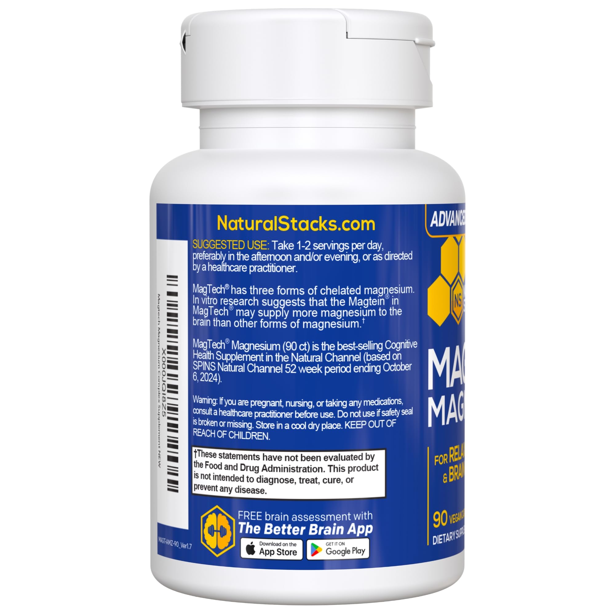 NATURAL STACKS bottle side profile showing clean packaging and batch code