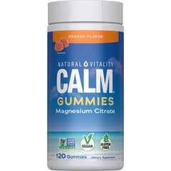 Natural Vitality Calm gummies front packaging showing jar and orange flavor benefit