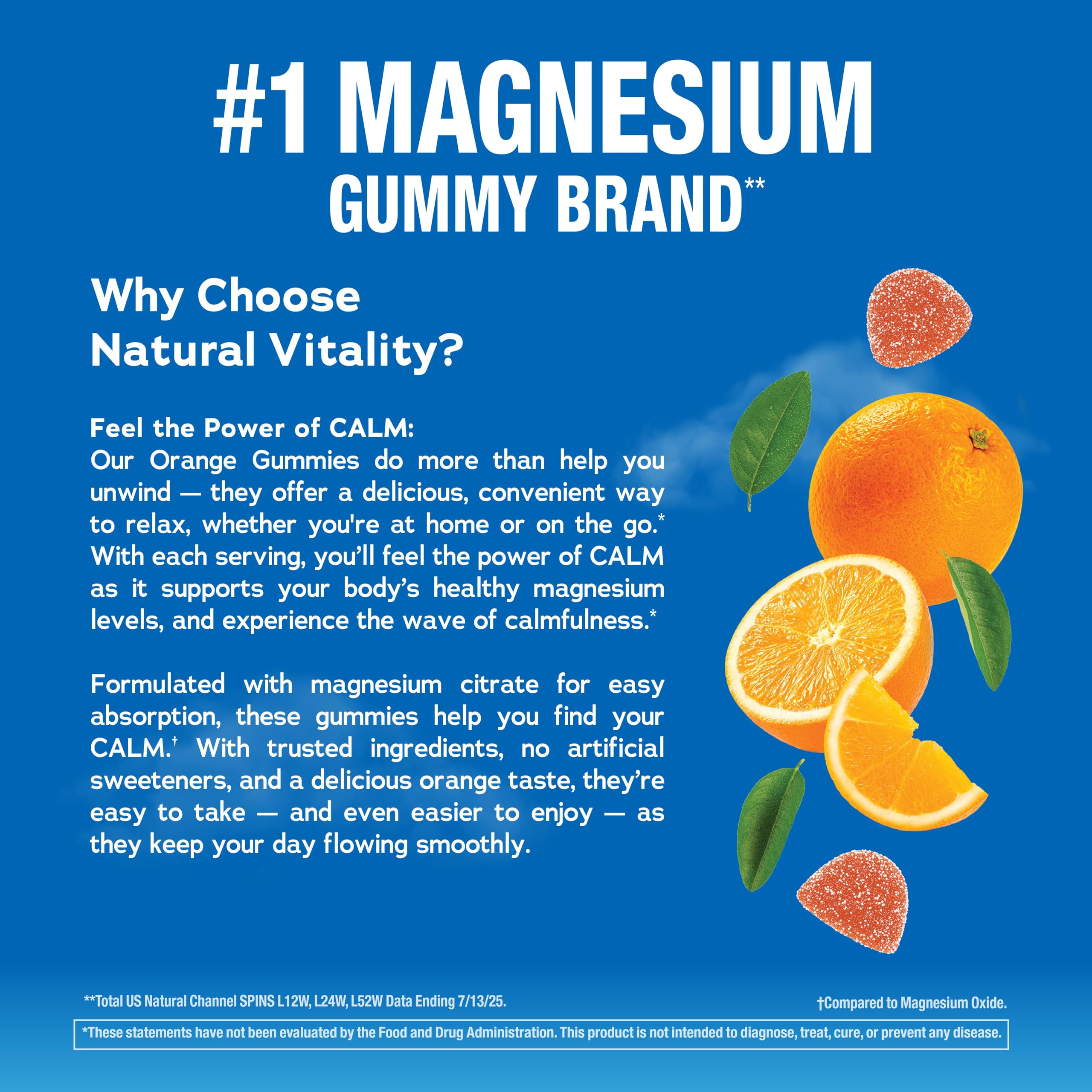 Natural Vitality Calm gummies beside coin showing serving size and portion clarity