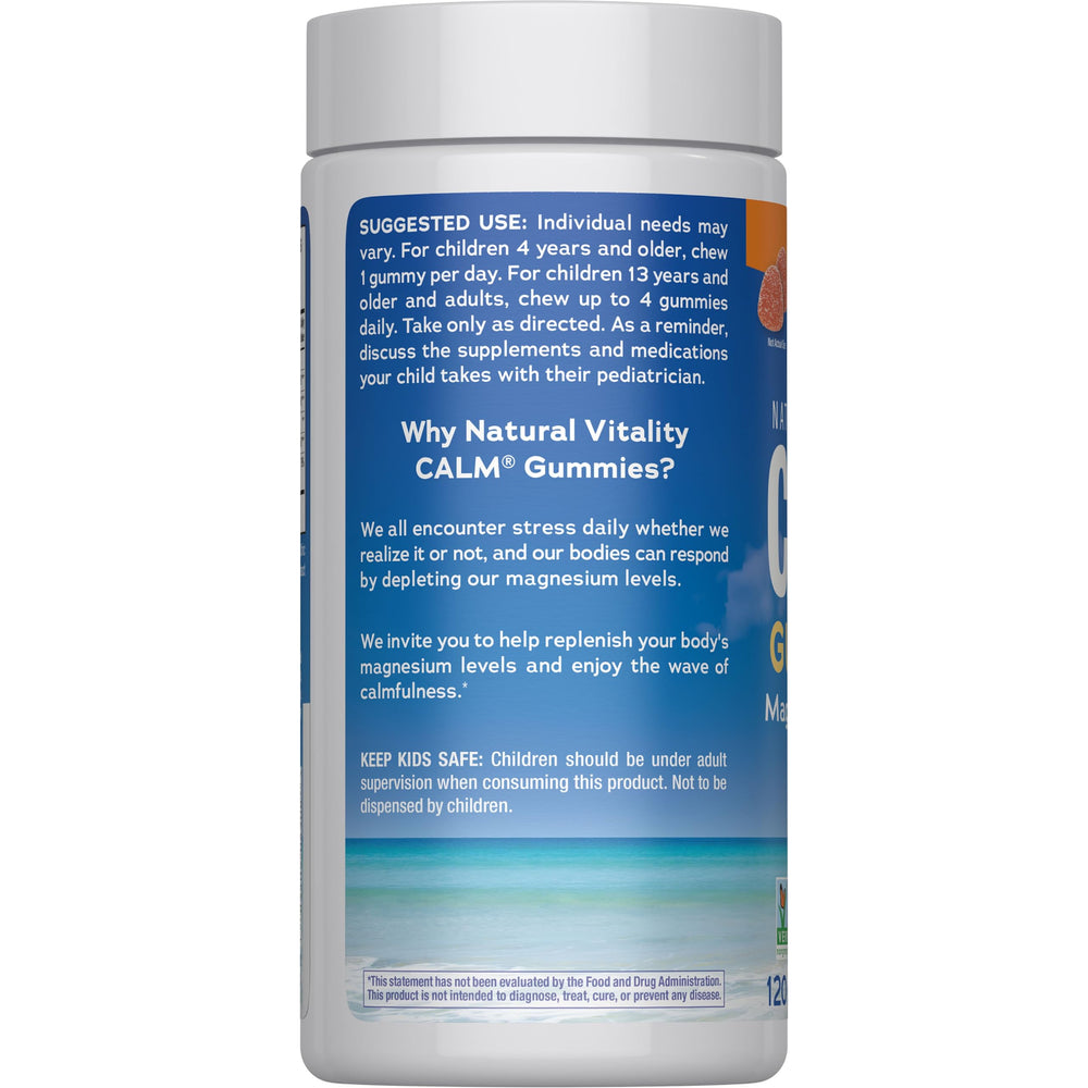 Natural Vitality Calm gummy close-up showing texture and chewable easy-to-take benefit