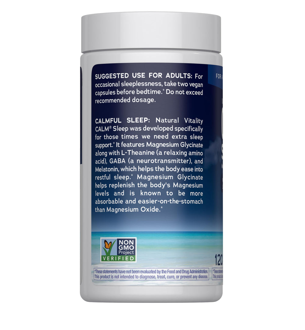 Natural Vitality bottle on bedside table illustrating calm, restful routine
