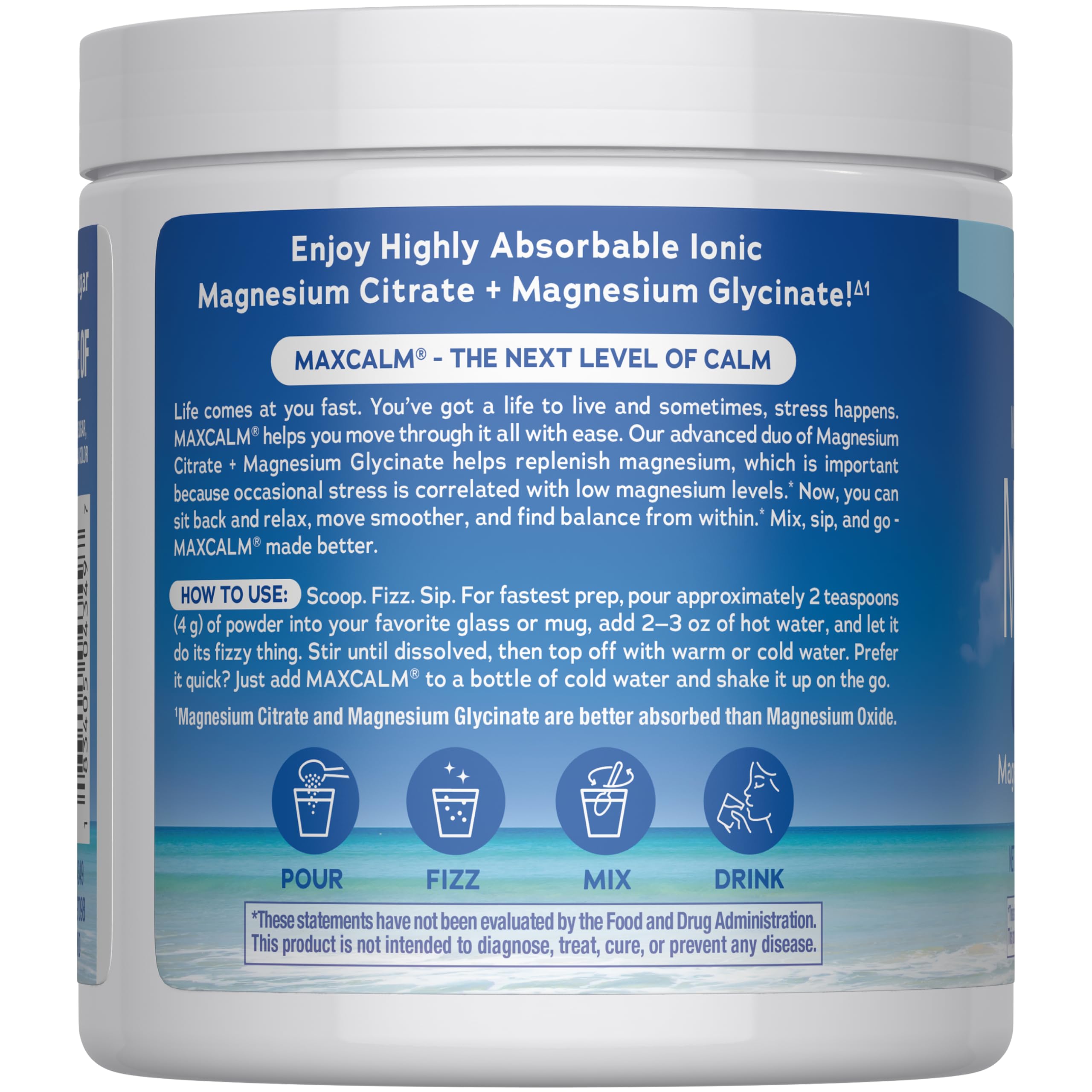 Natural Vitality MaxCalm mixed in a glass demonstrating easy preparation and pleasant flavored drink