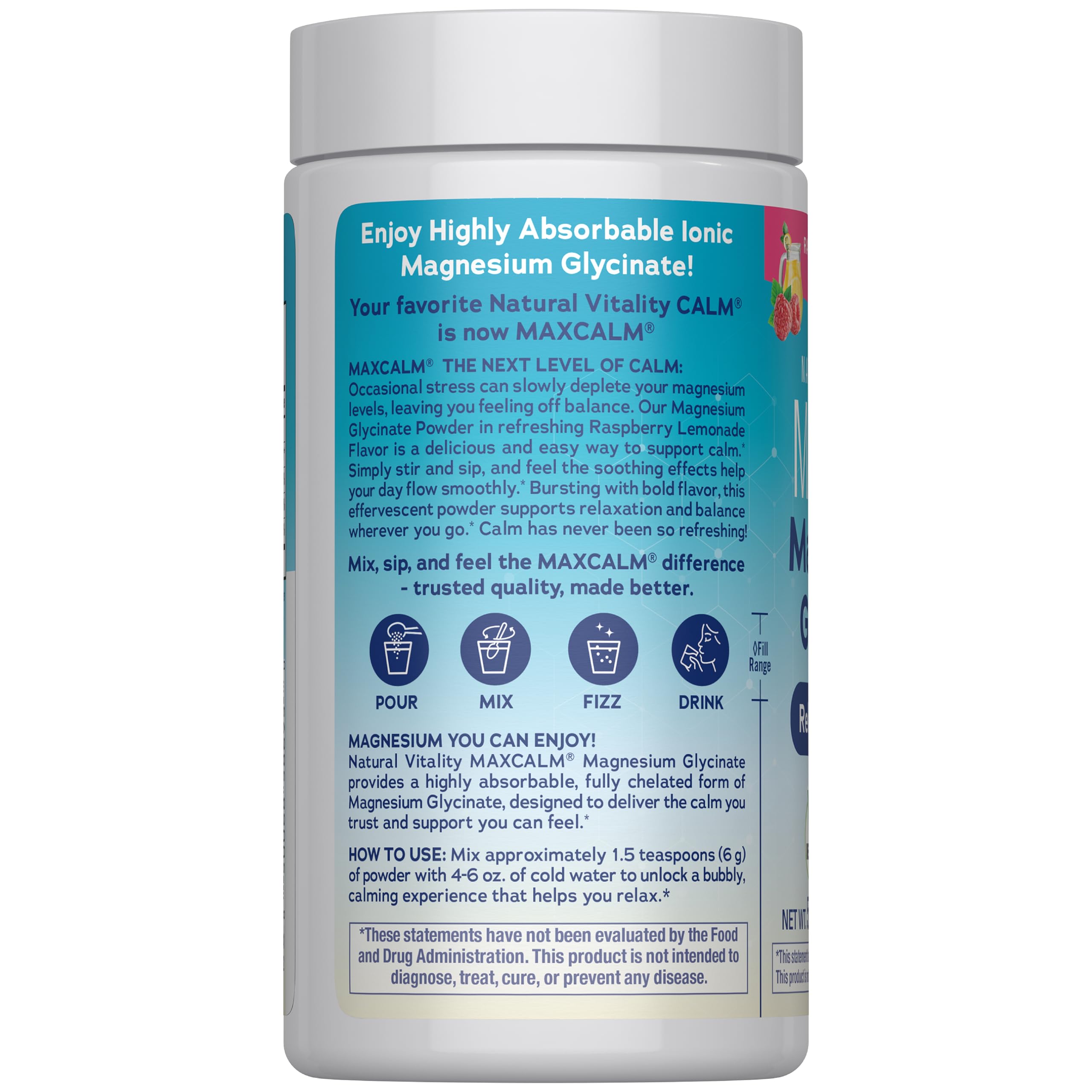 Natural Vitality MaxCalm dissolving in water illustrating easy preparation benefit
