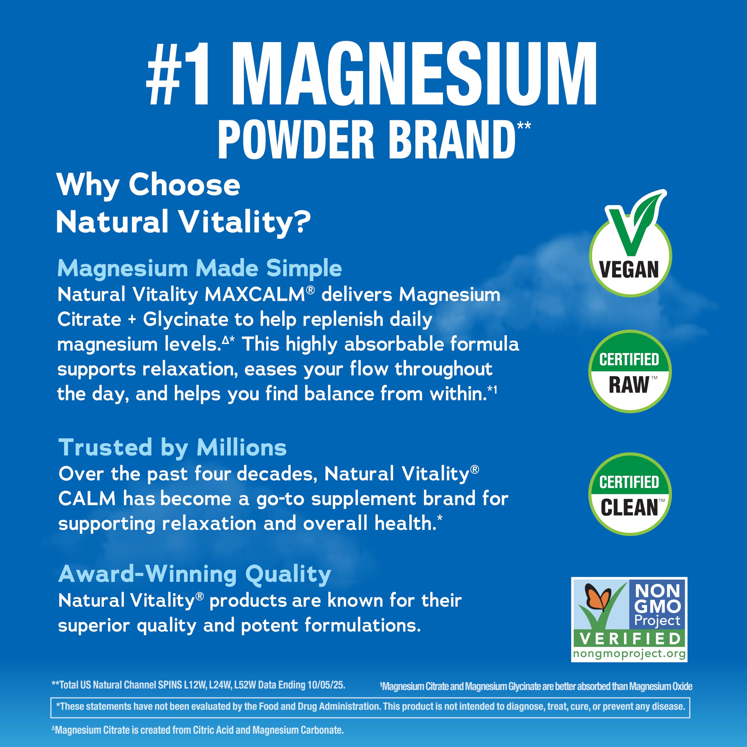 Natural Vitality MaxCalm serving scoop with powder showing portion control and convenient dosing