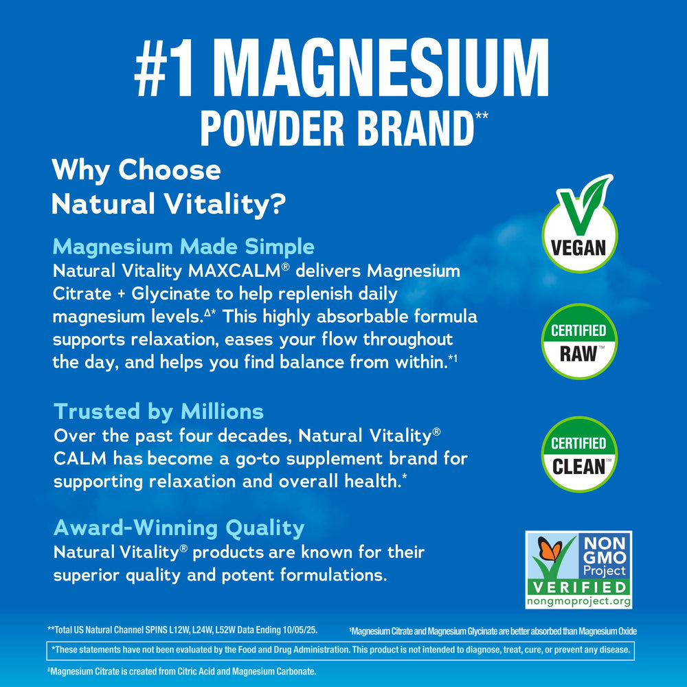 Natural Vitality MaxCalm serving scoop with powder showing portion control and convenient dosing