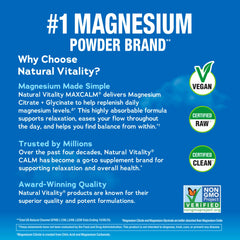 Natural Vitality MaxCalm serving scoop with powder showing portion control and convenient dosing