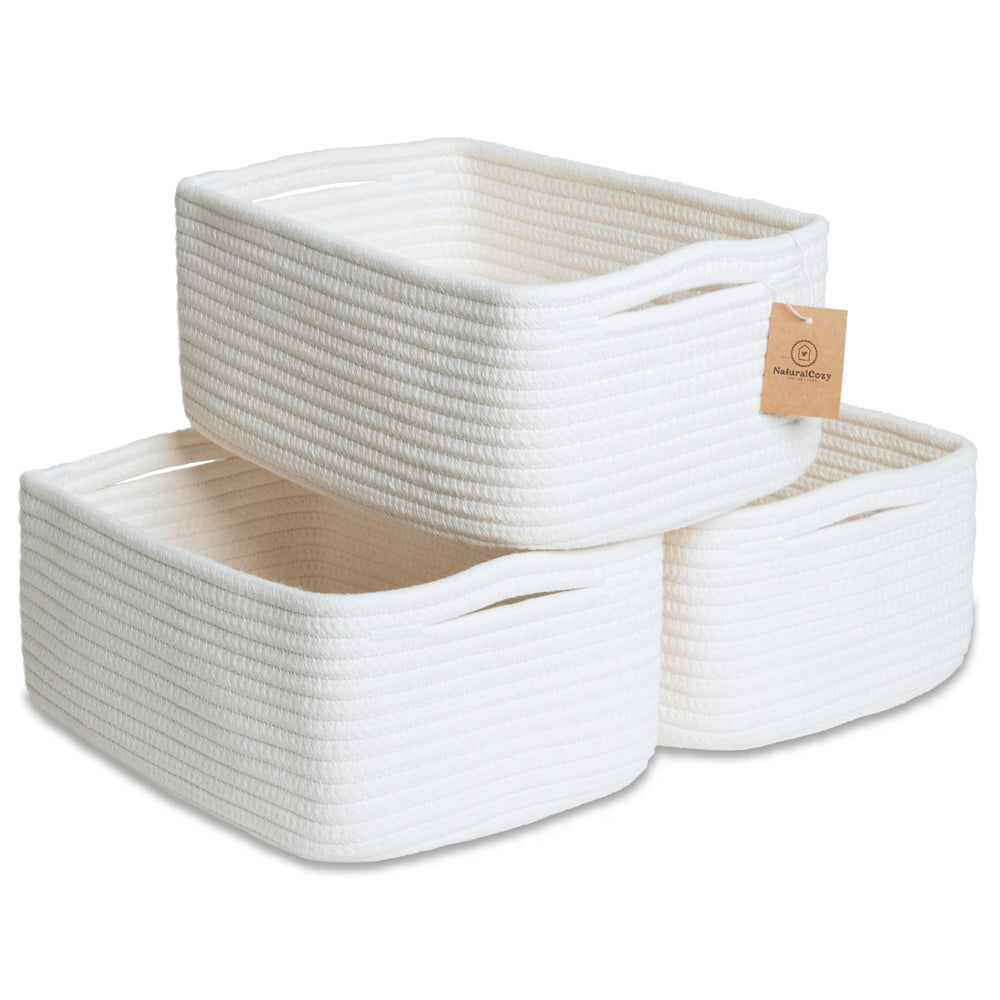 NaturalCozy front view showing three rectangular baskets and neat packaging benefit