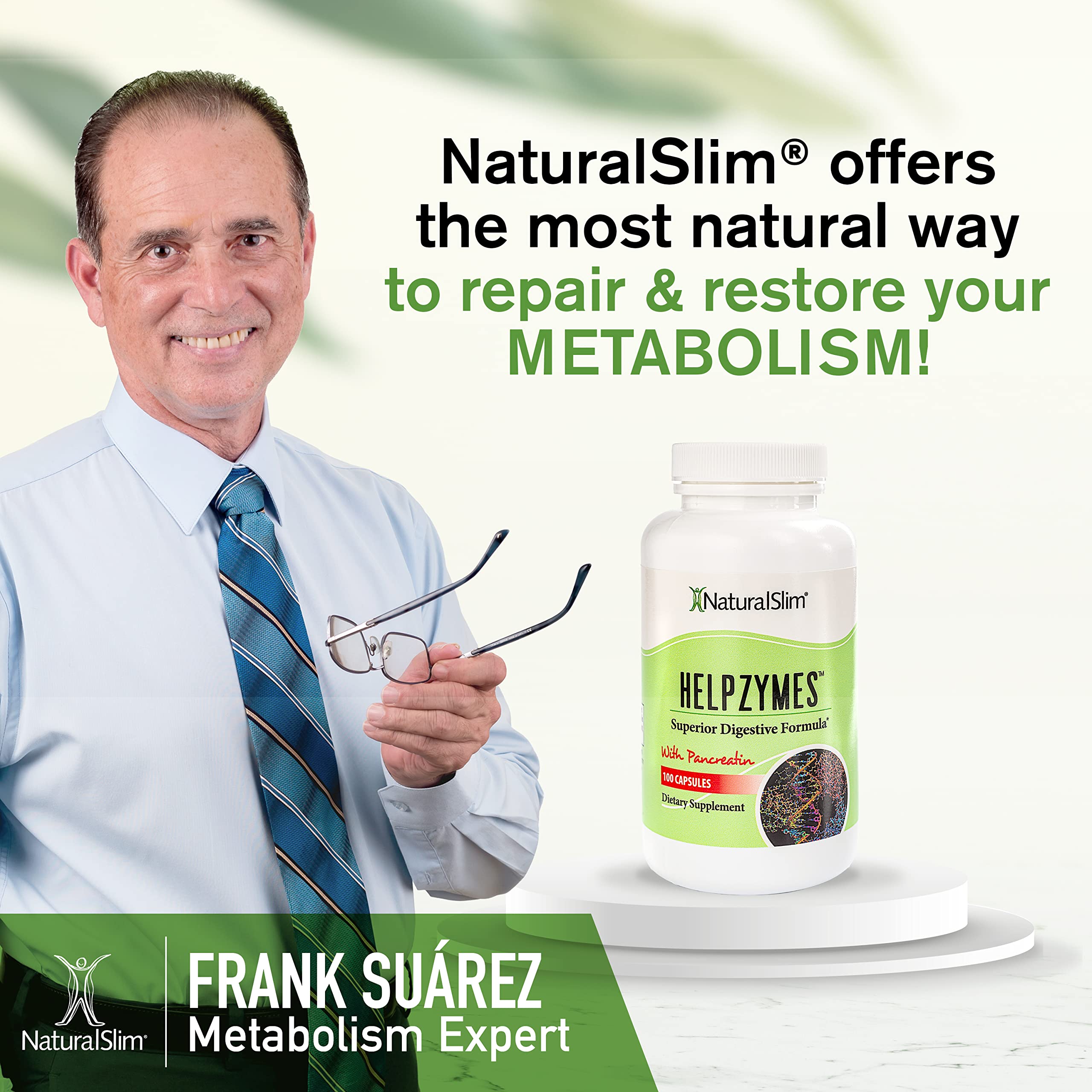 NaturalSlim Helpzymes bottle beside a measuring scale showing capsule count