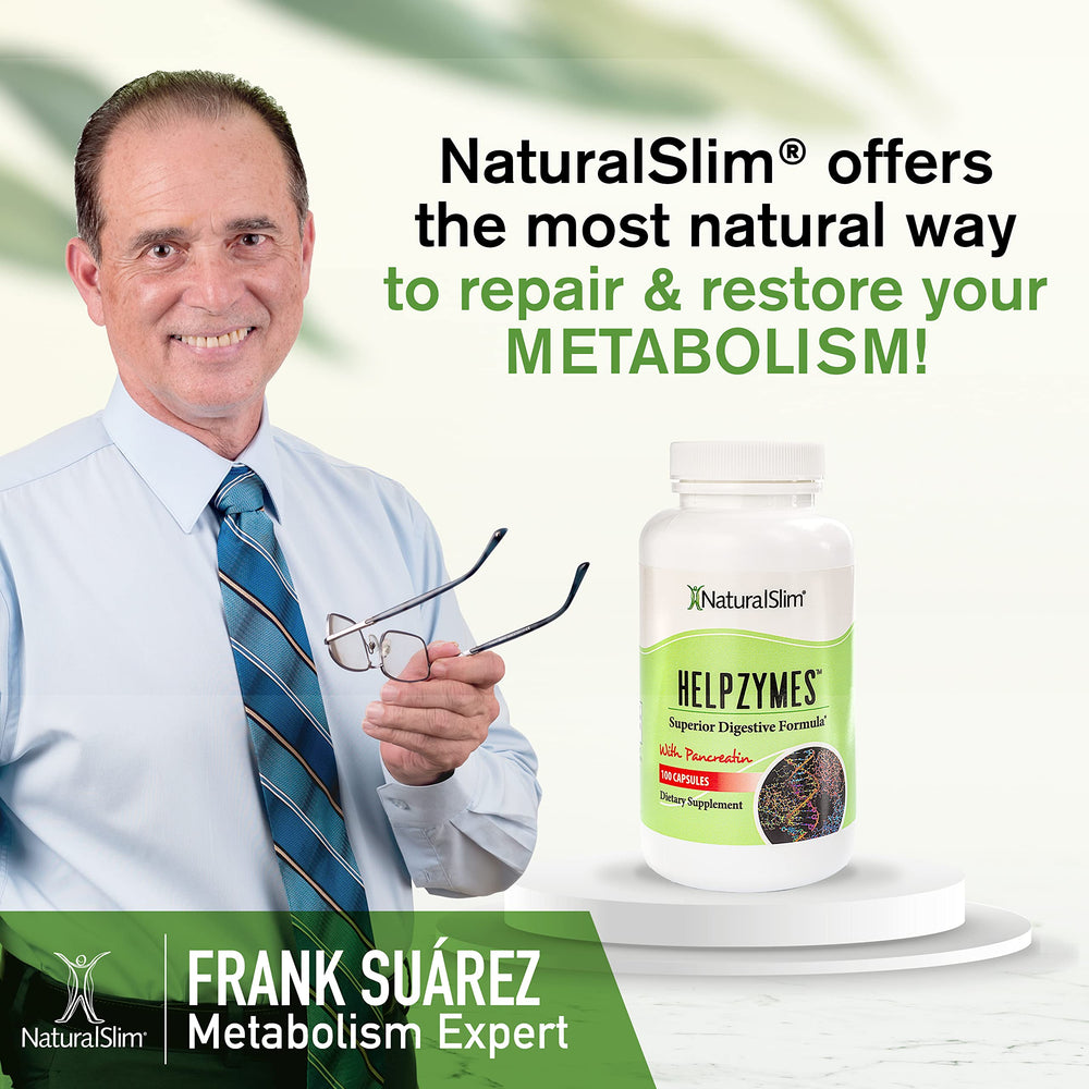 NaturalSlim Helpzymes bottle beside a measuring scale showing capsule count