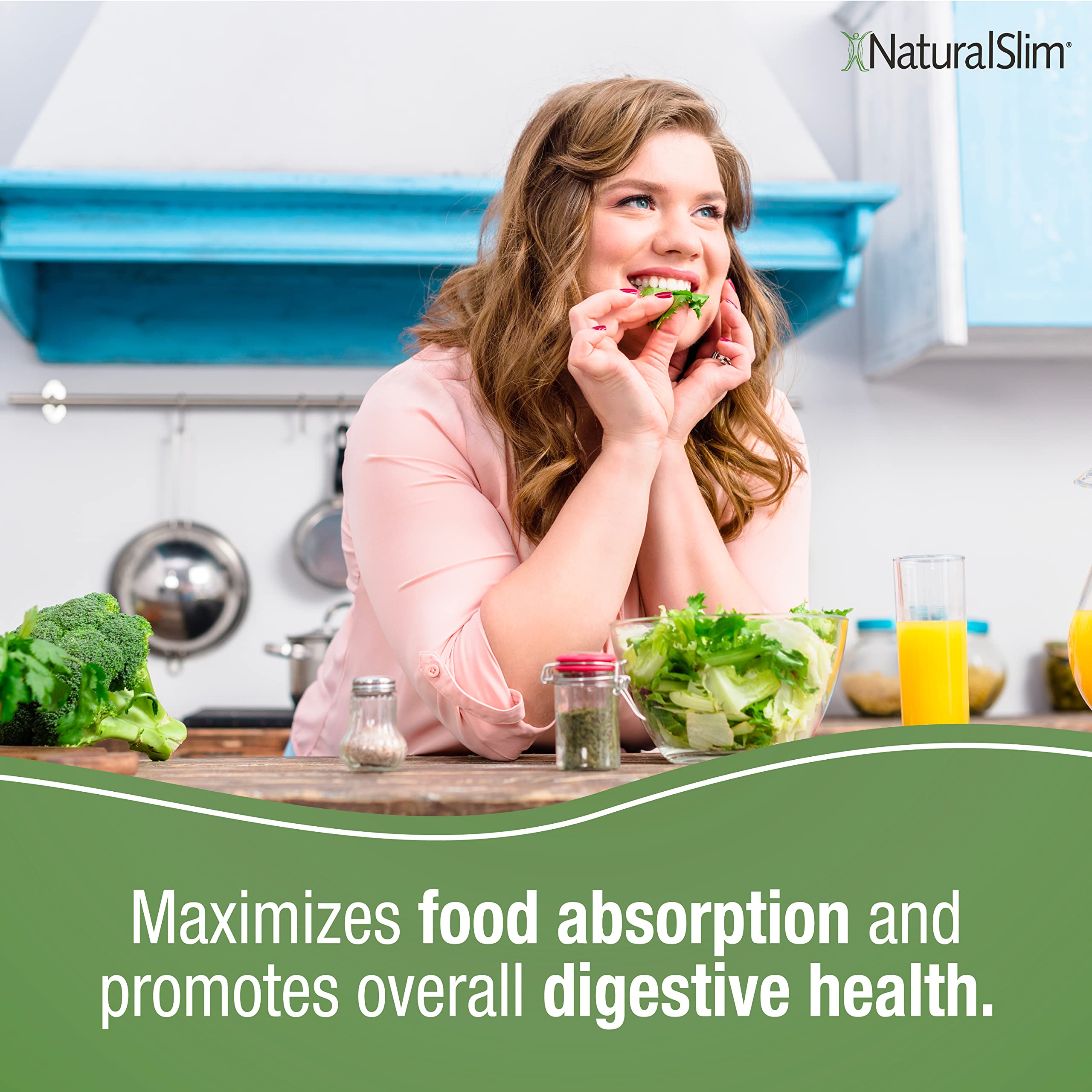 NaturalSlim Helpzymes next to a balanced meal showing digestive support benefit