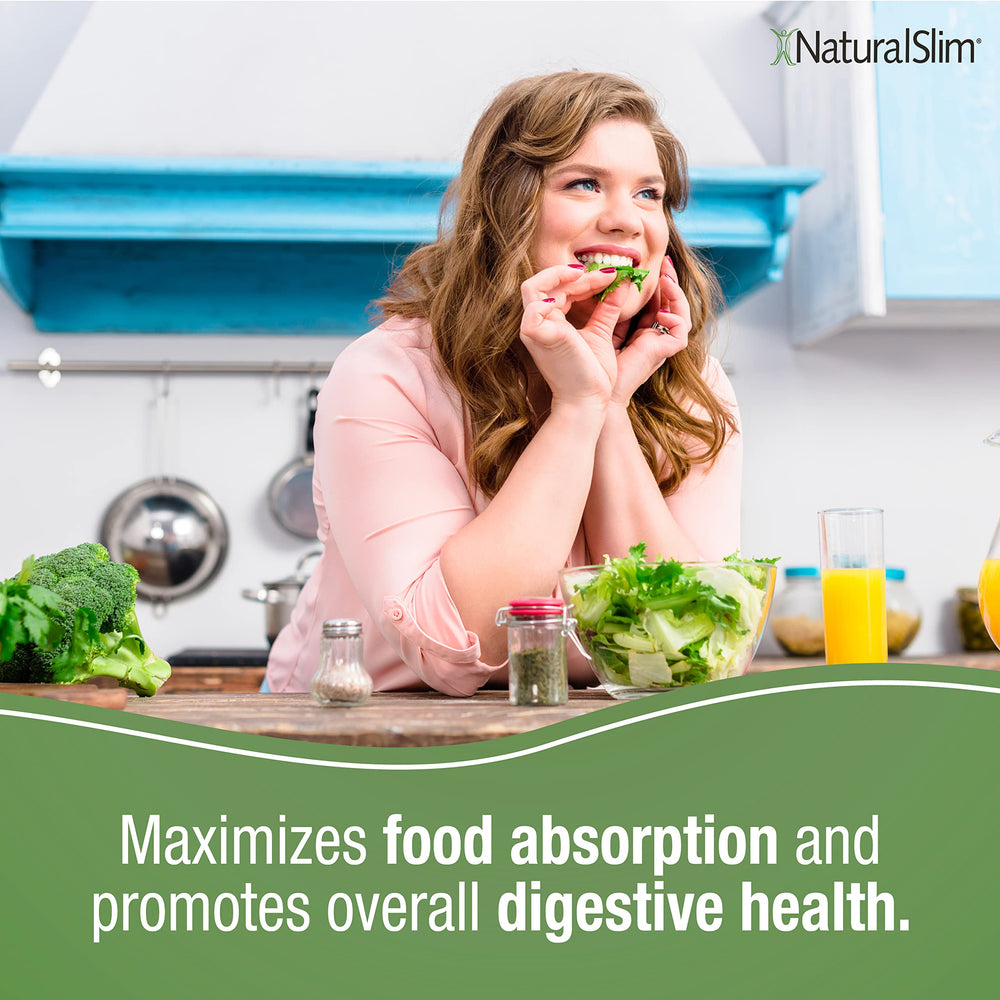 NaturalSlim Helpzymes next to a balanced meal showing digestive support benefit