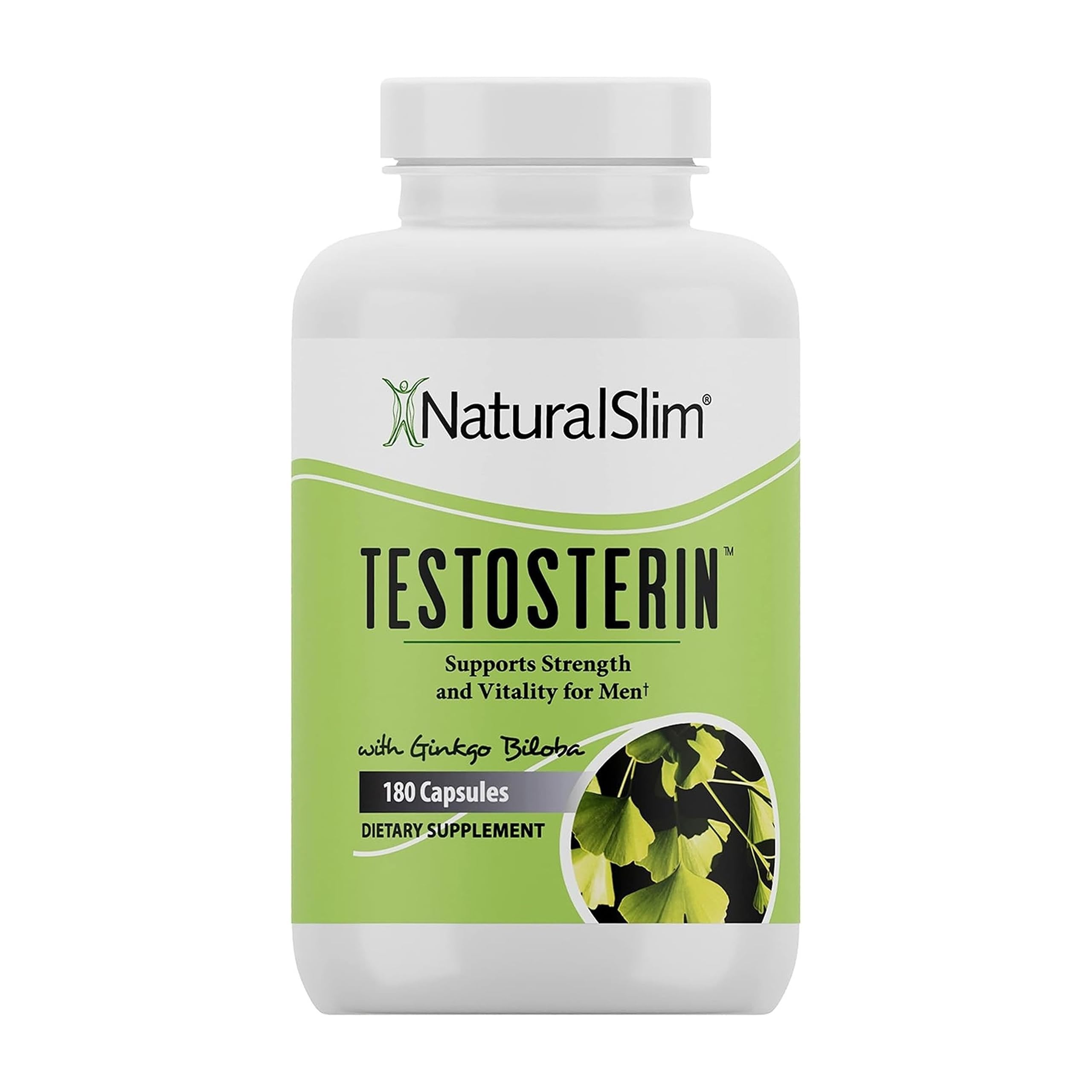 NaturalSlim Testosterin front bottle view highlighting monthly supply and formula benefits