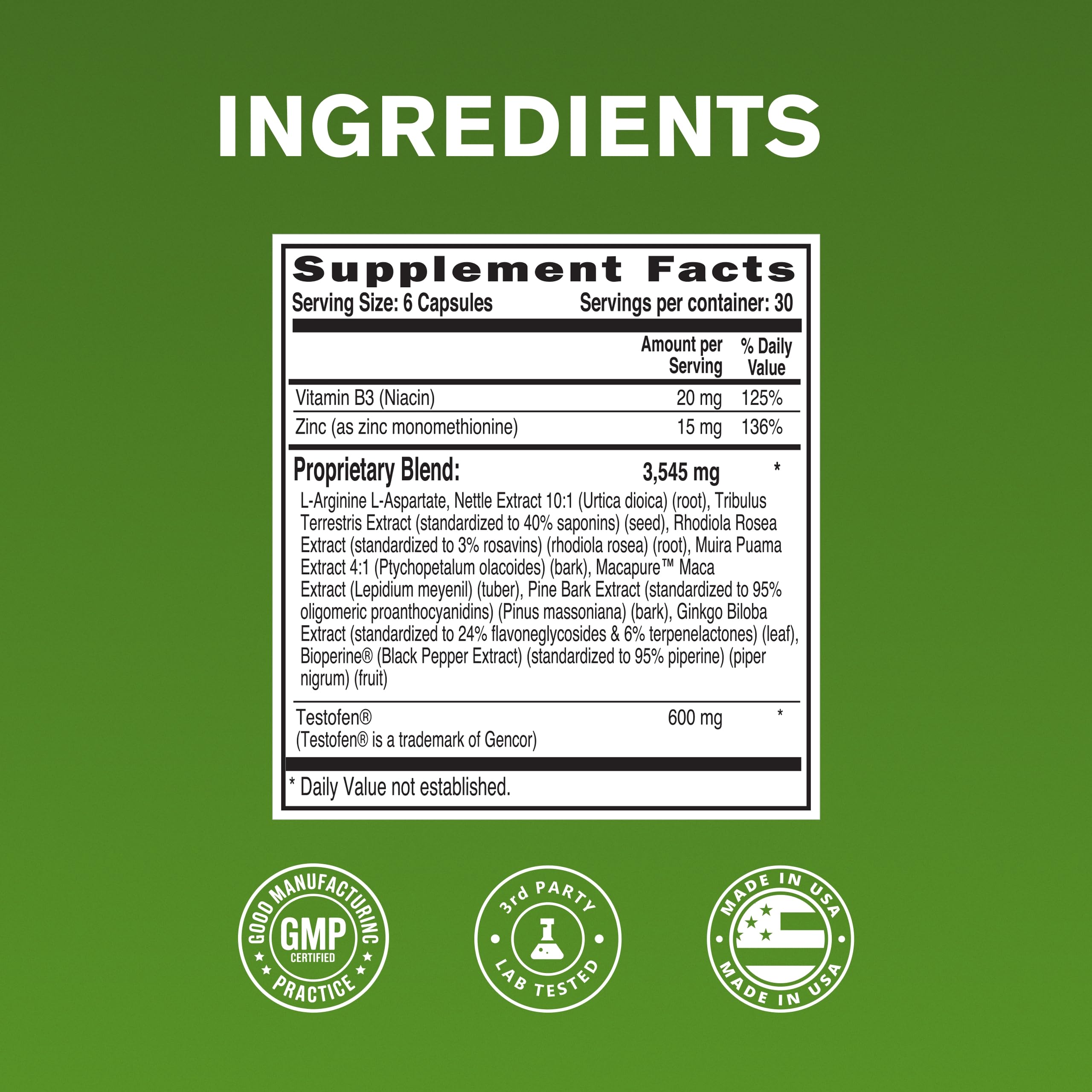NaturalSlim Testosterin loose ingredients layout featuring Testofen, ginkgo, maca and zinc for clarity