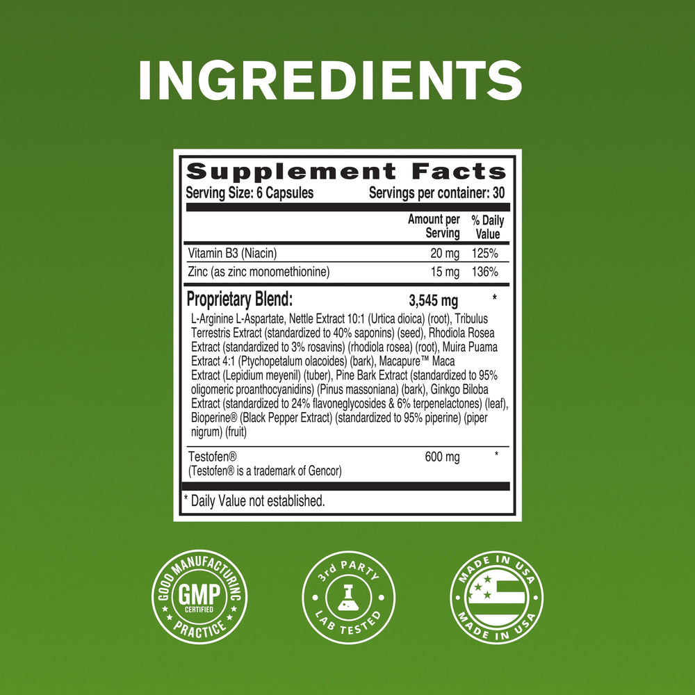 NaturalSlim Testosterin loose ingredients layout featuring Testofen, ginkgo, maca and zinc for clarity