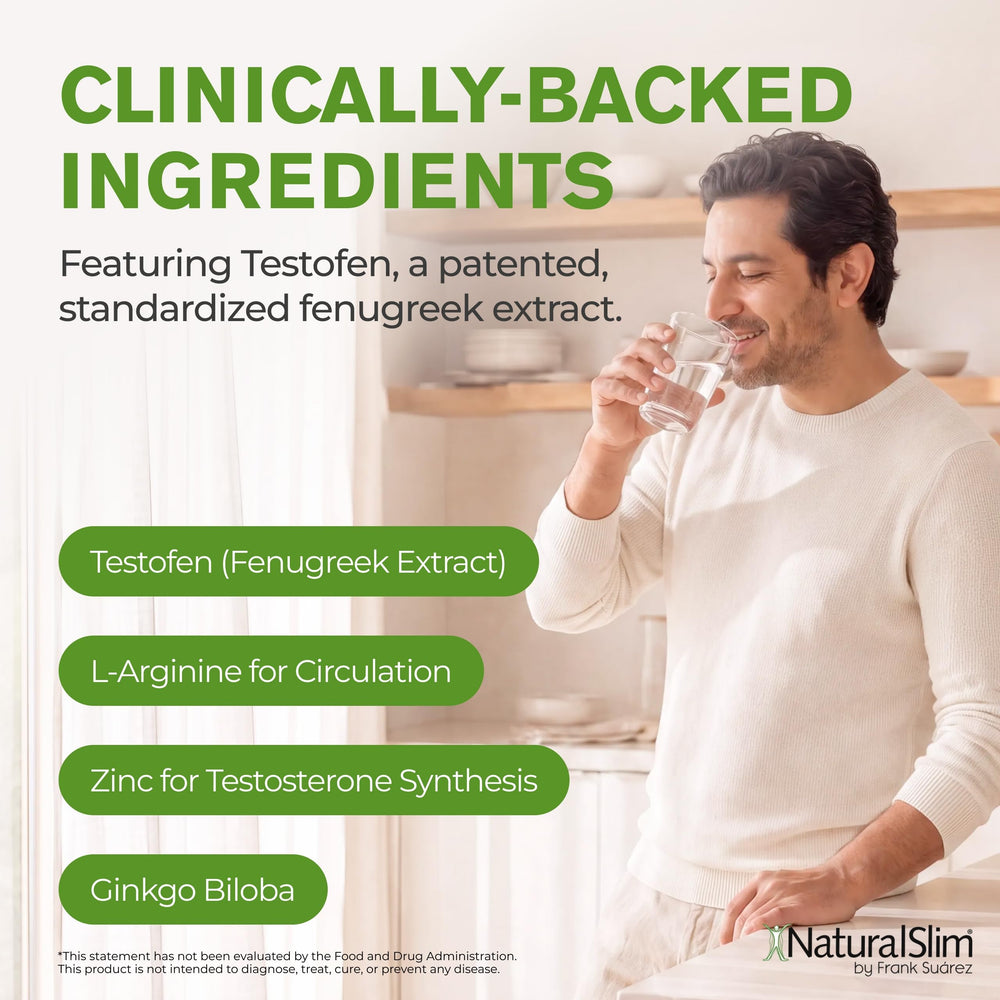 NaturalSlim Testosterin capsules in hand showing scale and the full 180-capsule monthly supply