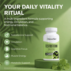 NaturalSlim Testosterin capsules on a serving spoon illustrating the recommended six-capsule daily dose