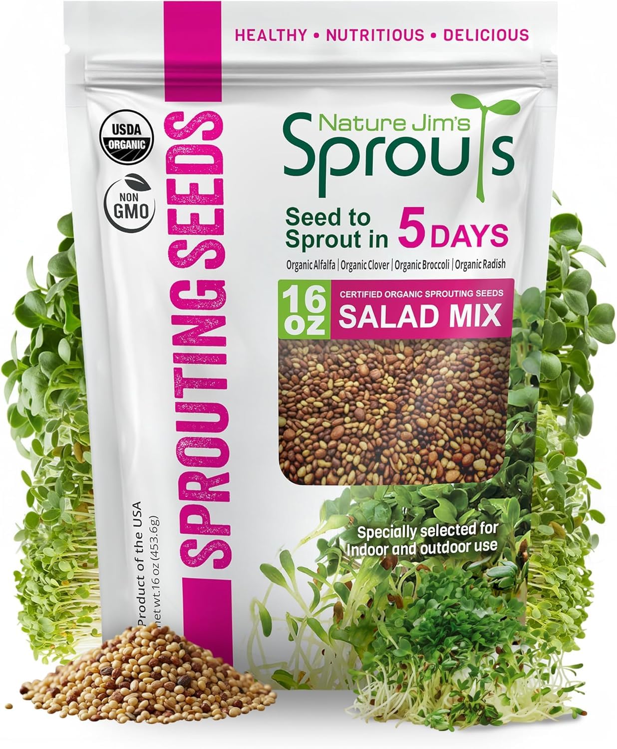 Nature Jims Sprouts front packaging showing organic 1 lb bag and clear labeling benefit: easy sourcing