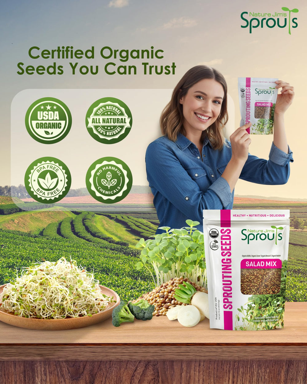 Nature Jims Sprouts salad topped with microgreens in kitchen setting benefit: meal enhancement