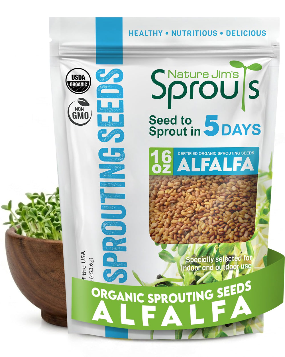 Nature Jim's Sprouts front pouch showing organic label and weight, highlights freshness