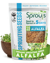 Nature Jim's Sprouts front pouch showing organic label and weight, highlights freshness