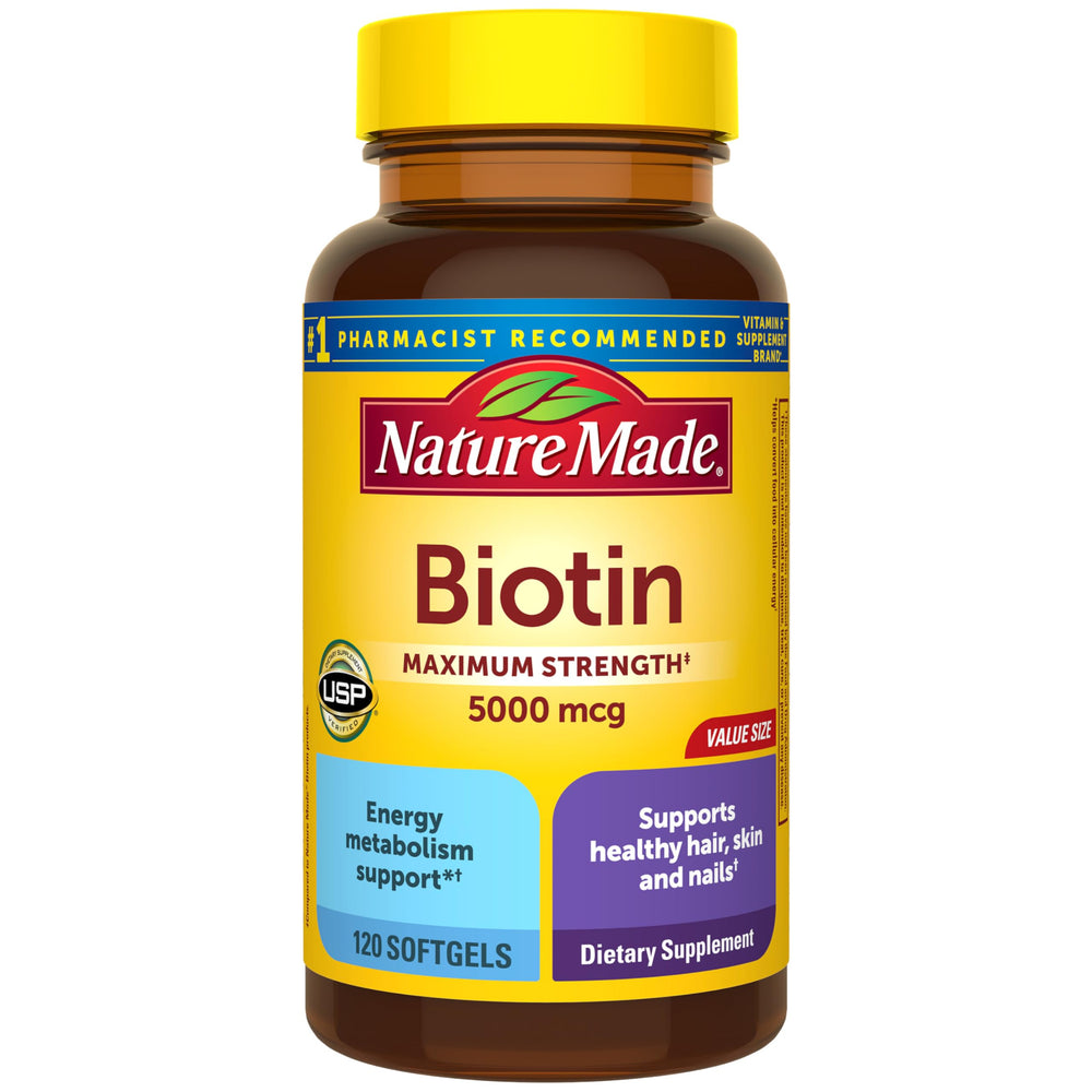 Nature Made front label showing biotin 5000 mcg for easy identification and trust