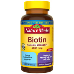 Nature Made front label showing biotin 5000 mcg for easy identification and trust