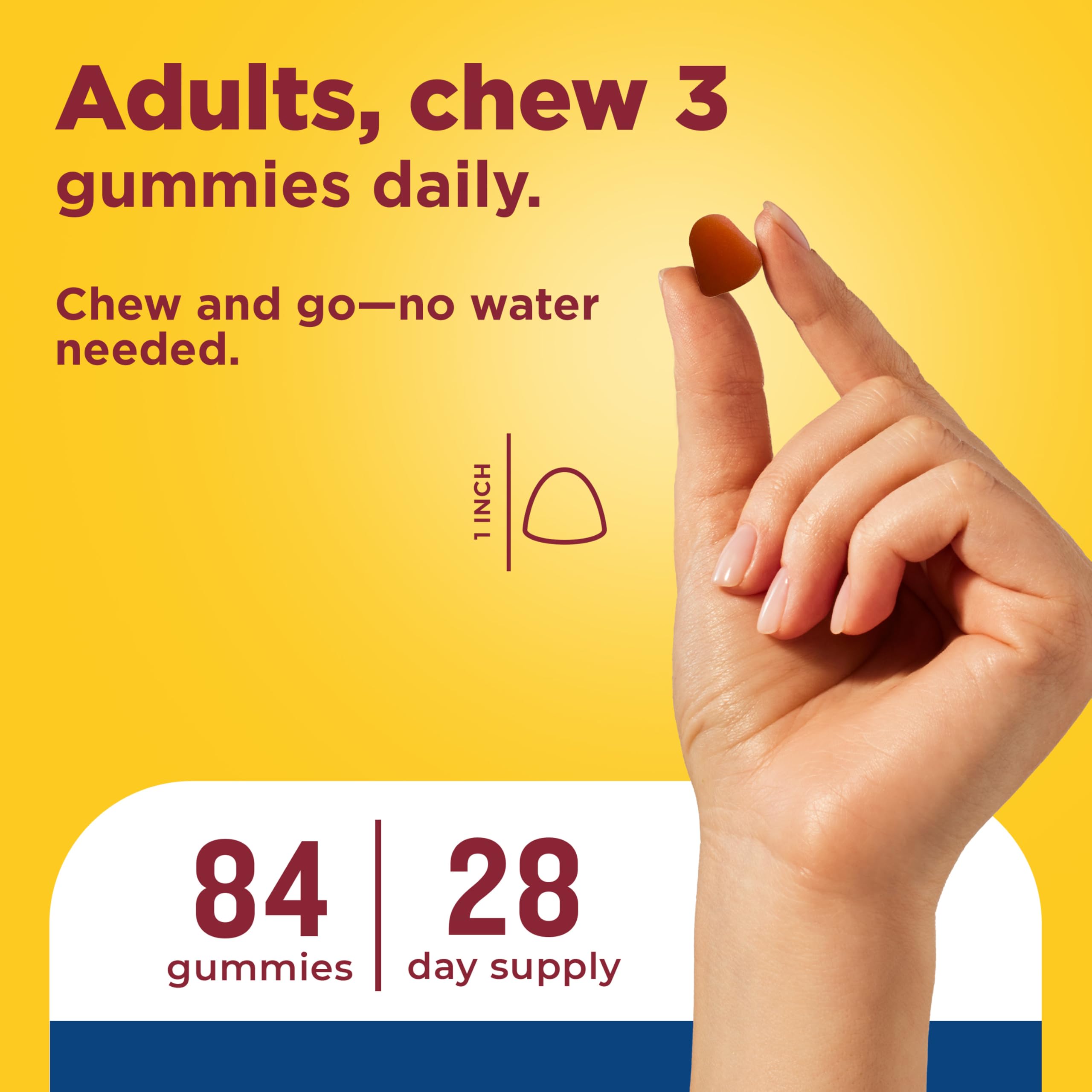 Nature Made three gummies on a spoon, correct serving size and usability benefit