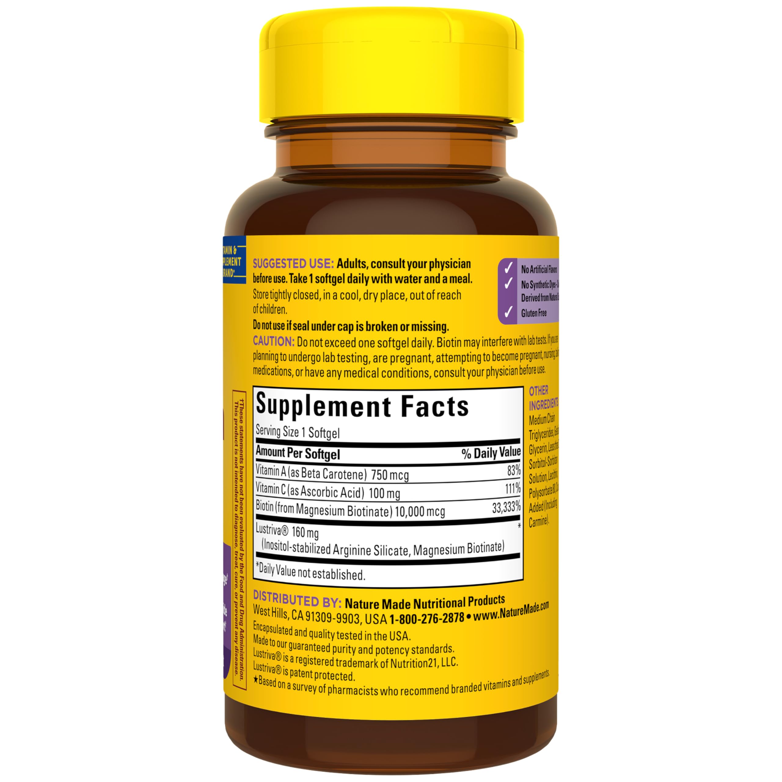 Nature Made supplement facts label closeup showing nutrient amounts for informed choice